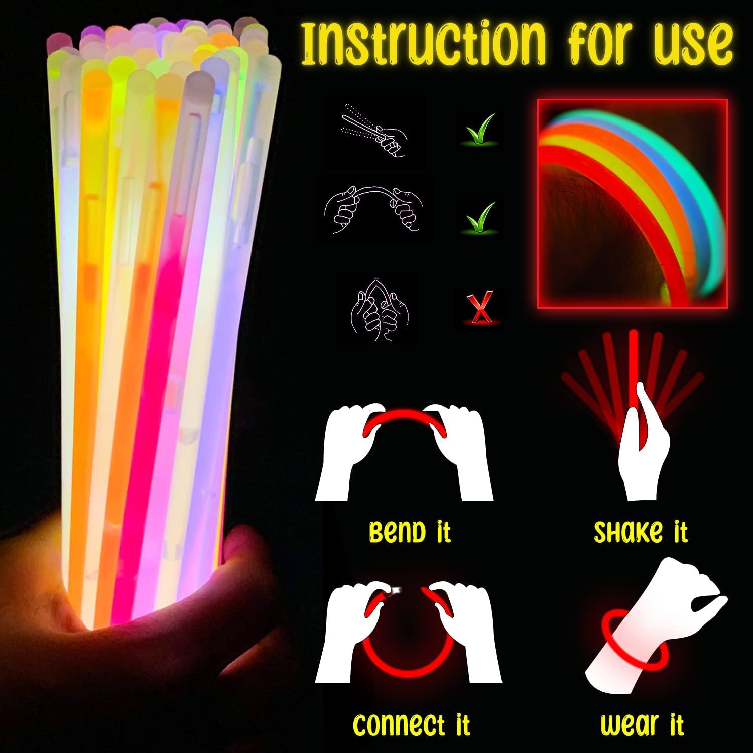 SHATCHI 200Pcs Glow Sticks with Connectors 8" Neon Party Kit for Bracelets, Necklaces, Rings – Halloween, Rave, Birthday, Camping 9
