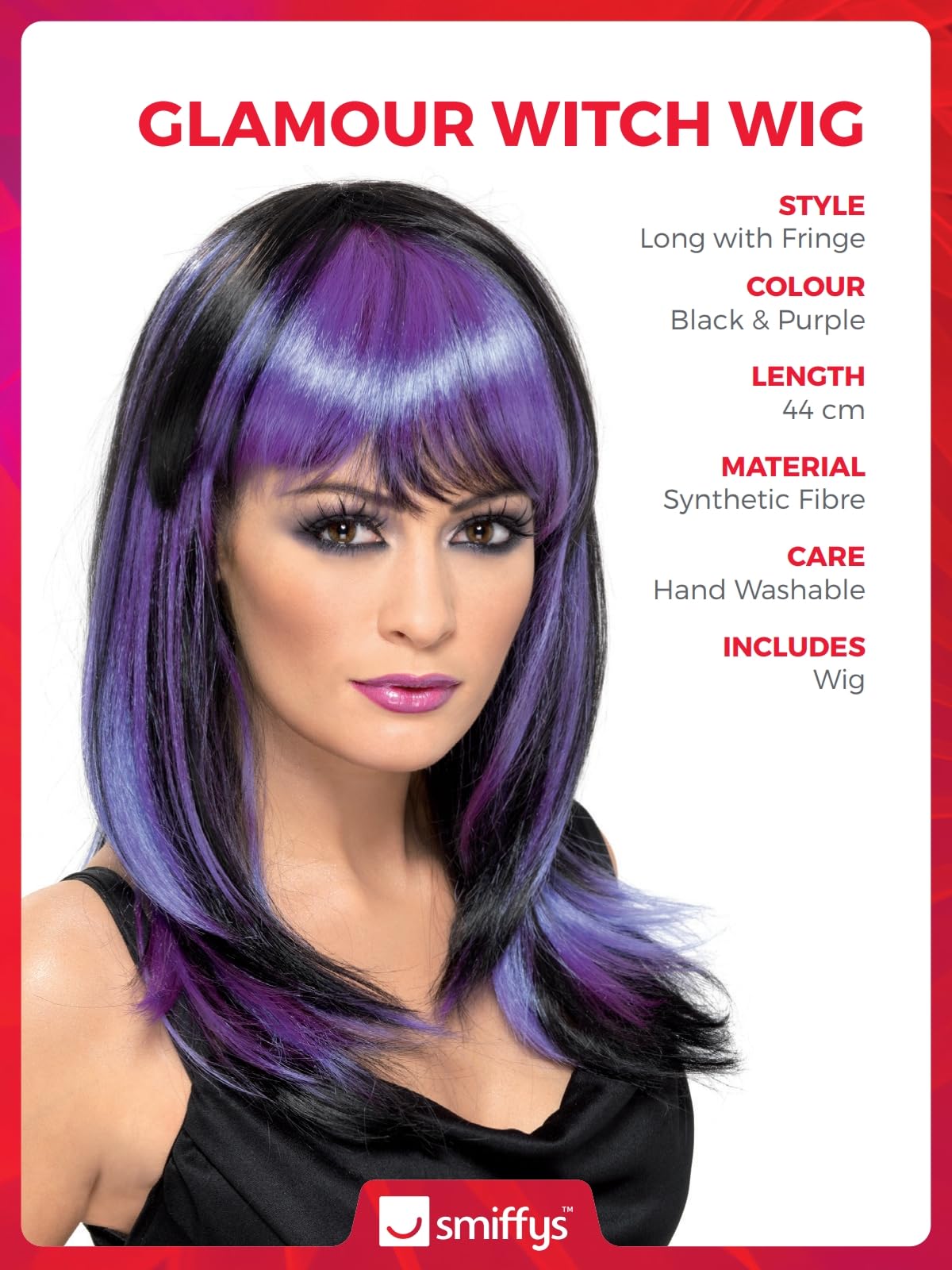 Smiffys Glamour Witch Black and Purple Long Wig with Fringe, One Size