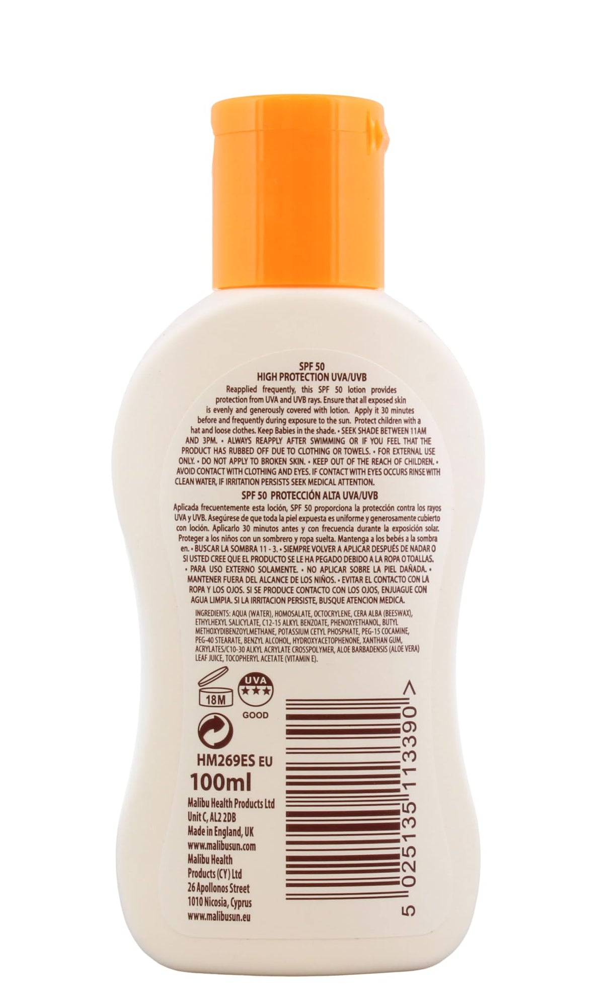 Malibu Sun SPF 50 Lotion - High Protection, Moisturising, Vitamin E & Aloe Vera Enriched, 100ml