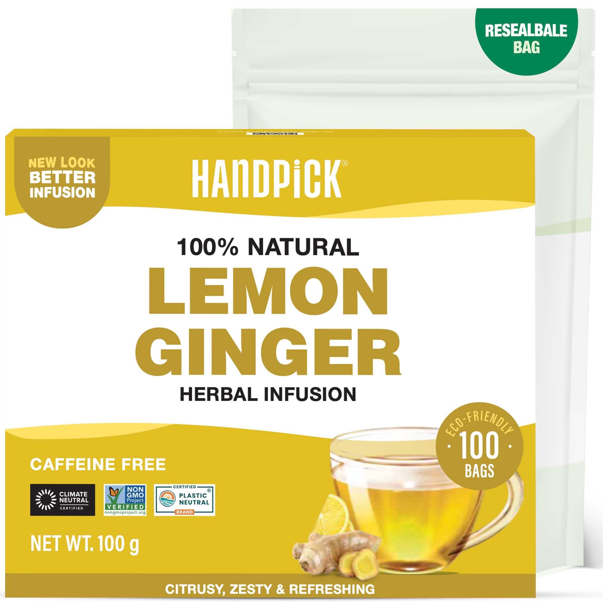 HANDPICK Lemon Ginger Tea Bags (100 Count) | Herbal Tea with Lemon, Ginger, Lemongrass & Licorice | Eco-Conscious Round Tea Bags for Hot or Cold Brew