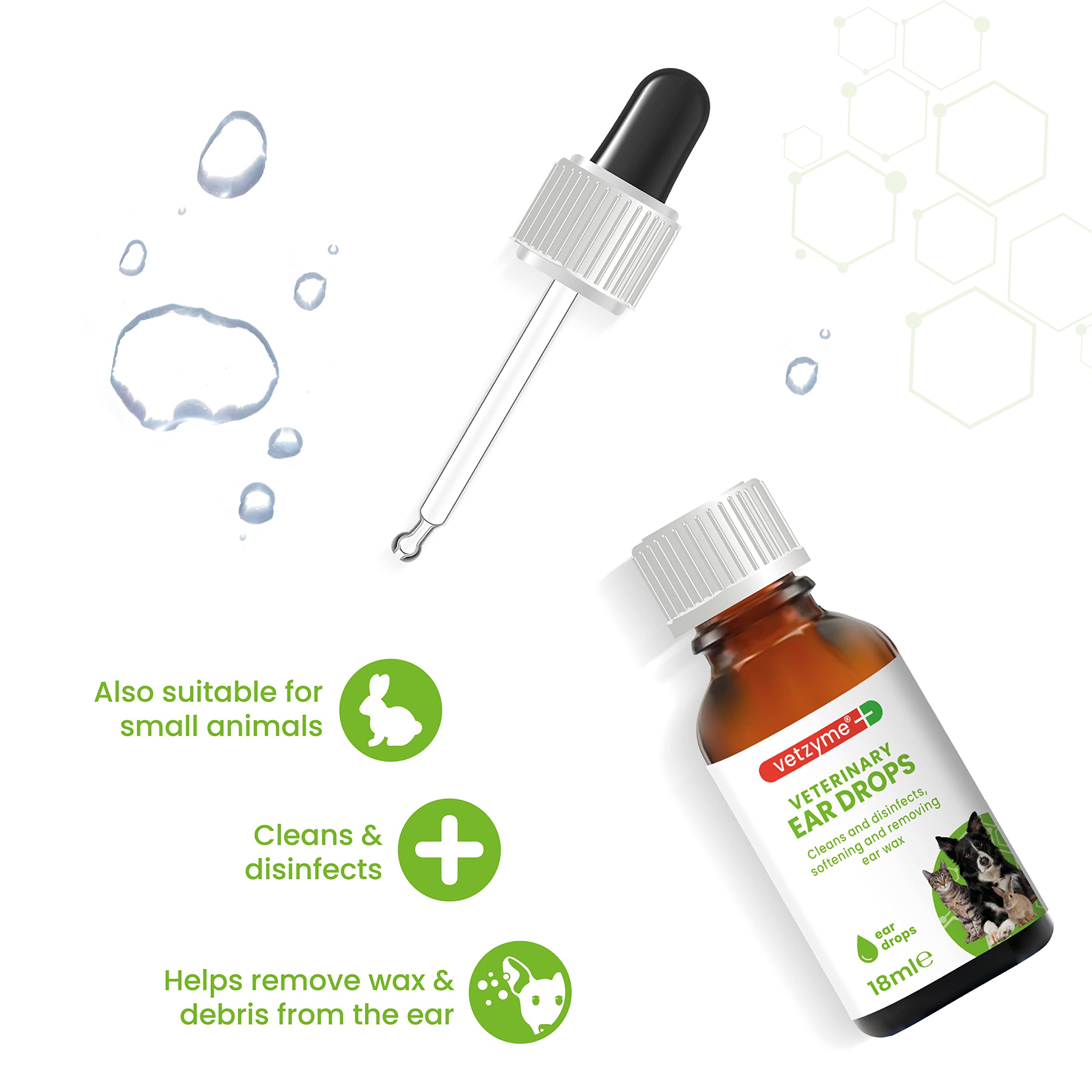 Vetzyme Antibacterial Ear Drops for Dogs, Cats & Small Pets - Cleans & Disinfects | 18 ml