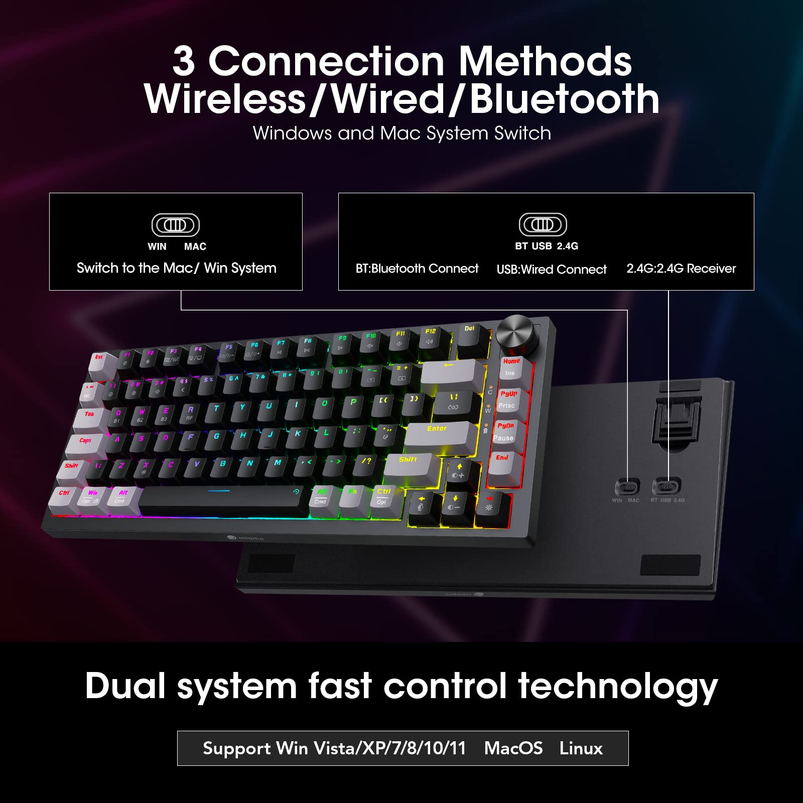KOORUI MK082 82-Key Mechanical Gaming Keyboard - Wireless/Wired RGB Backlit with Brown Switch 9