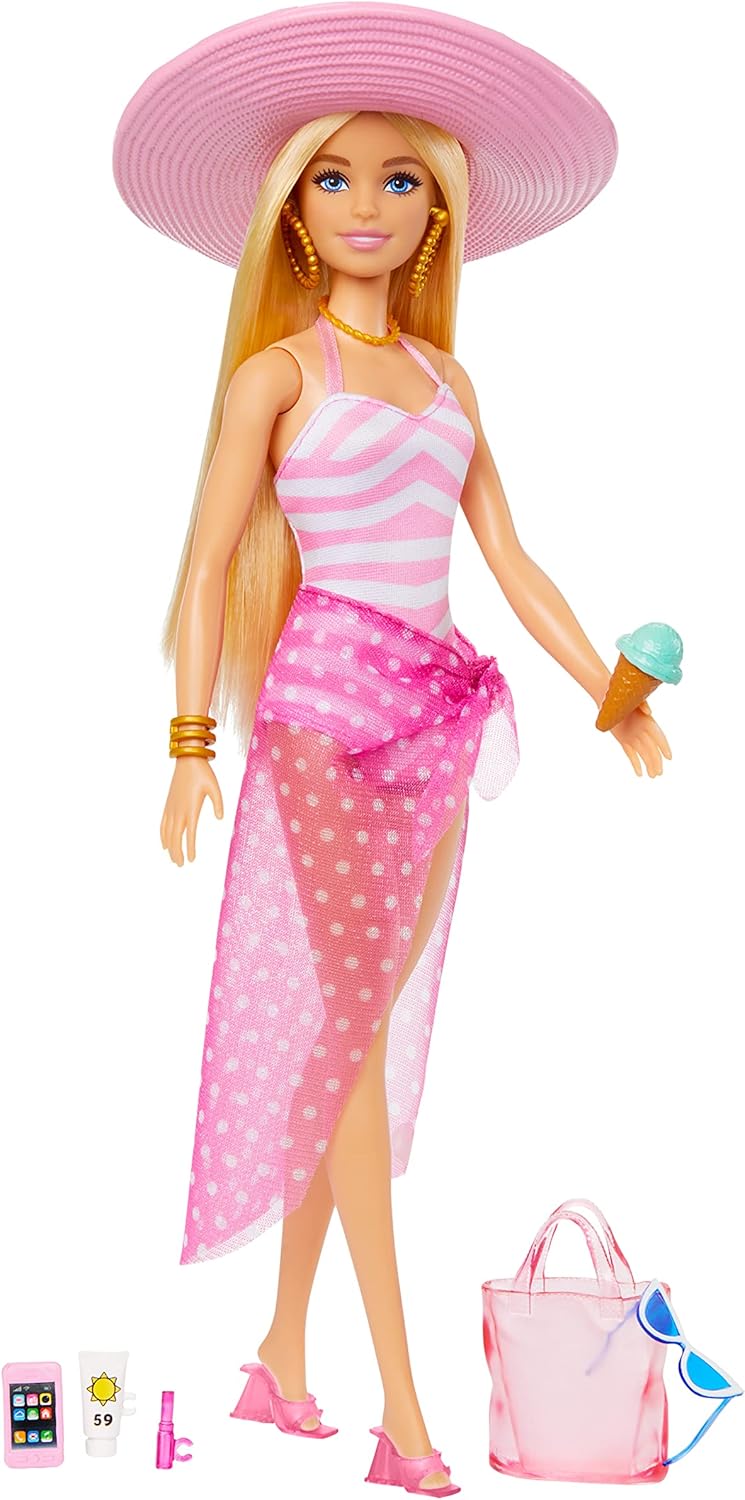 Barbie Doll - Pink & White Swimsuit with Beach Accessories, Ages 3+