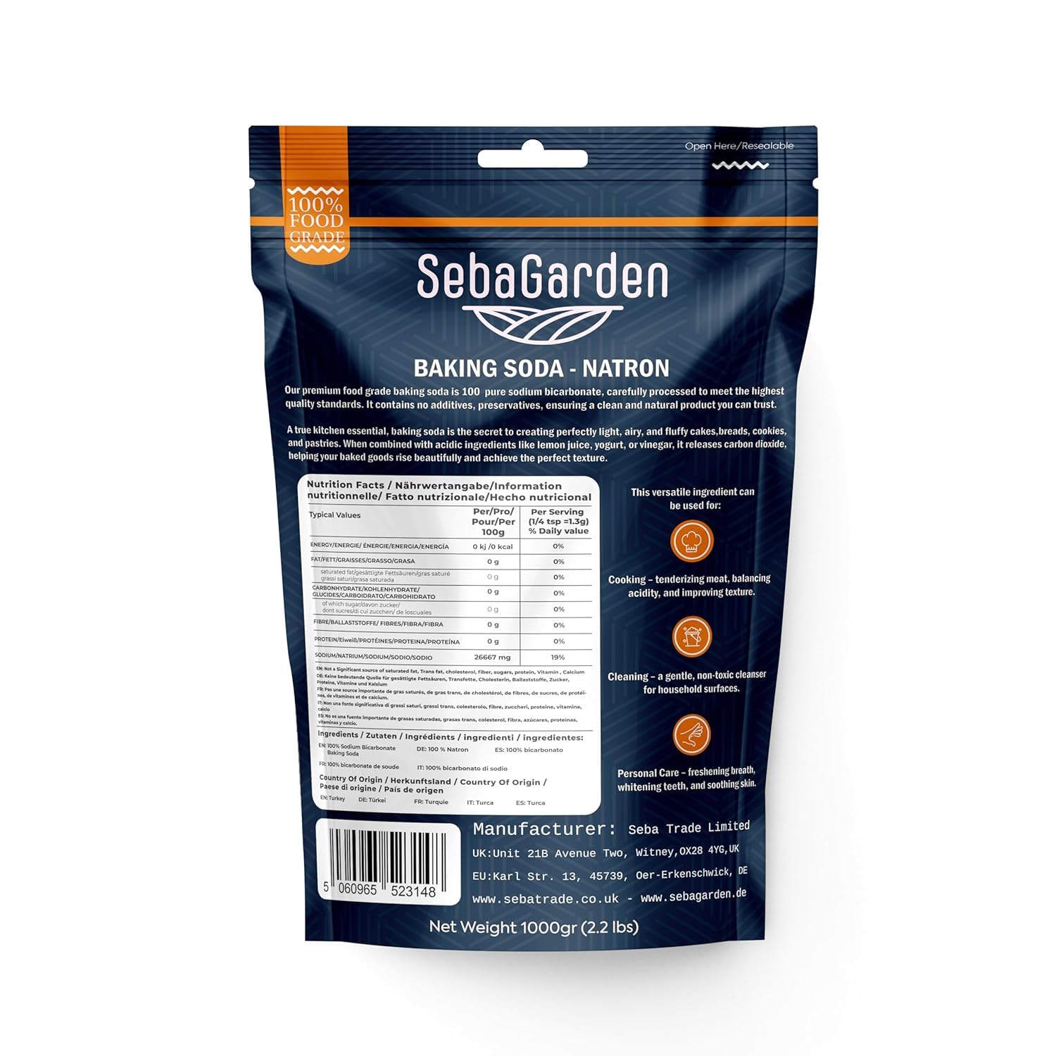 Seba Garden Bicarbonate of Soda - 1kg Food Grade Powder | Aluminium-Free Leavening Agent