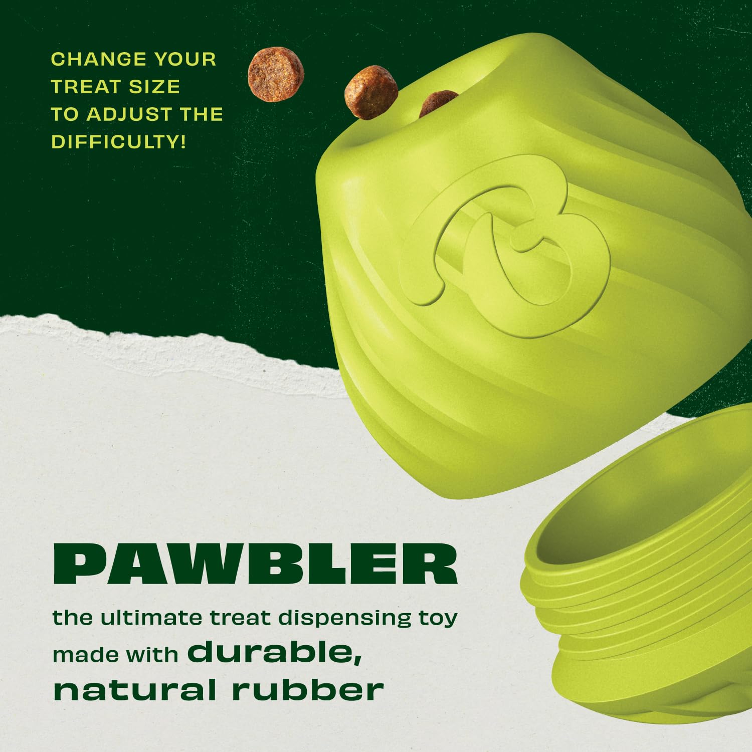 Benebone Pawbler - Natural Rubber Interactive Treat Dispenser Toy | Bacon Scented | Green 3