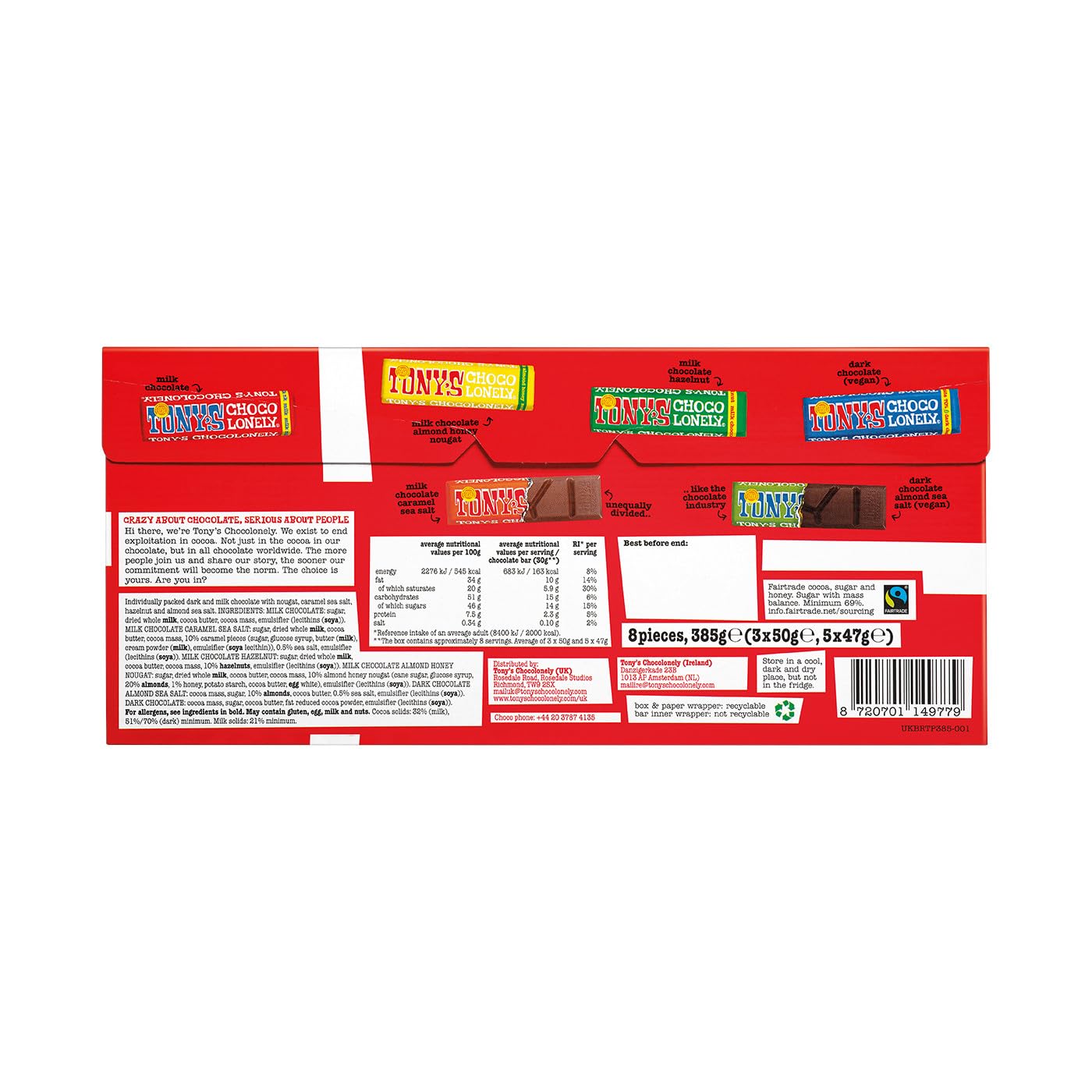 Tony's Chocolonely Extended Rainbow Tasting Pack - 8 Bars, 385g, Assorted Flavours