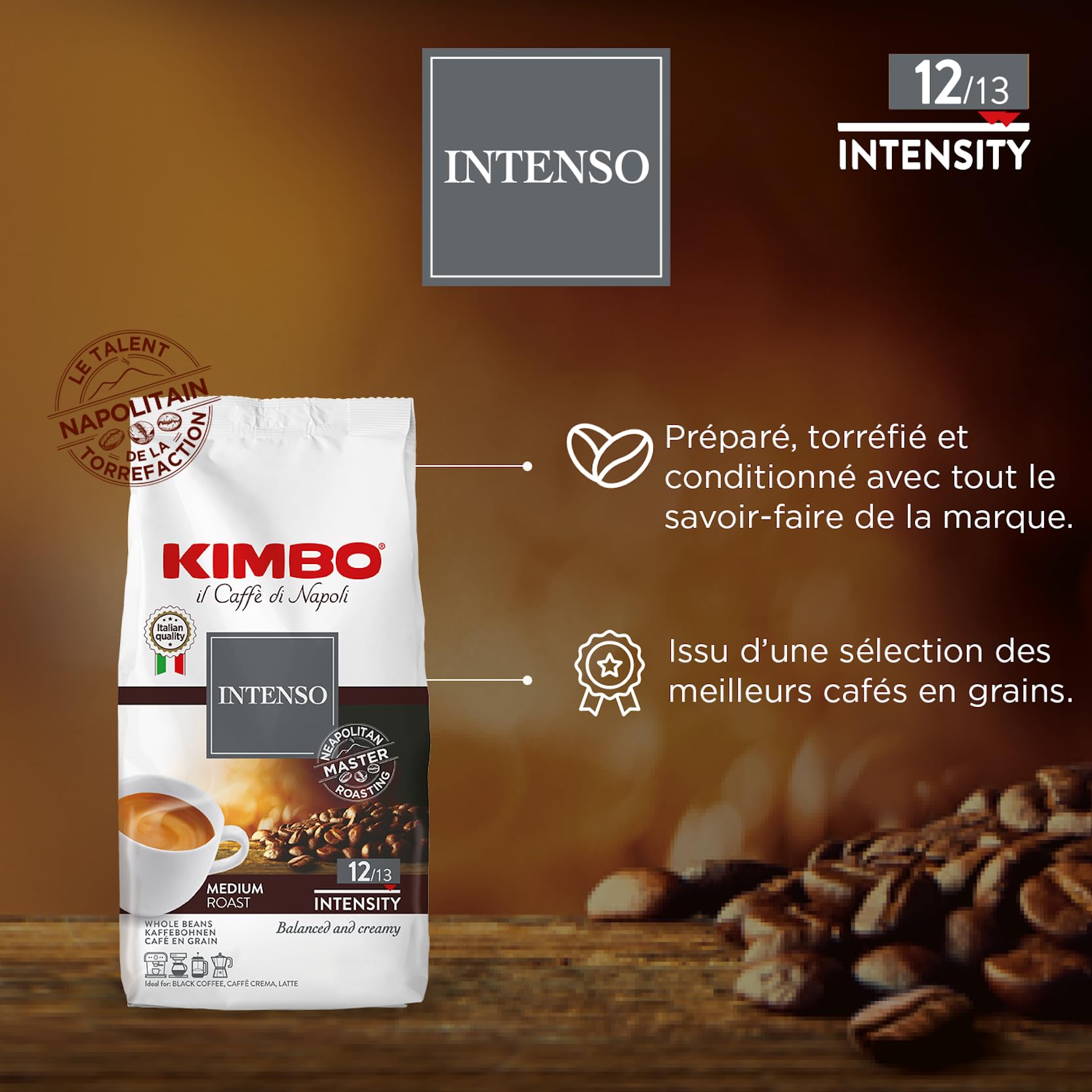 Kimbo Espresso Intenso Whole Coffee Beans, Medium Roast, 250g 6