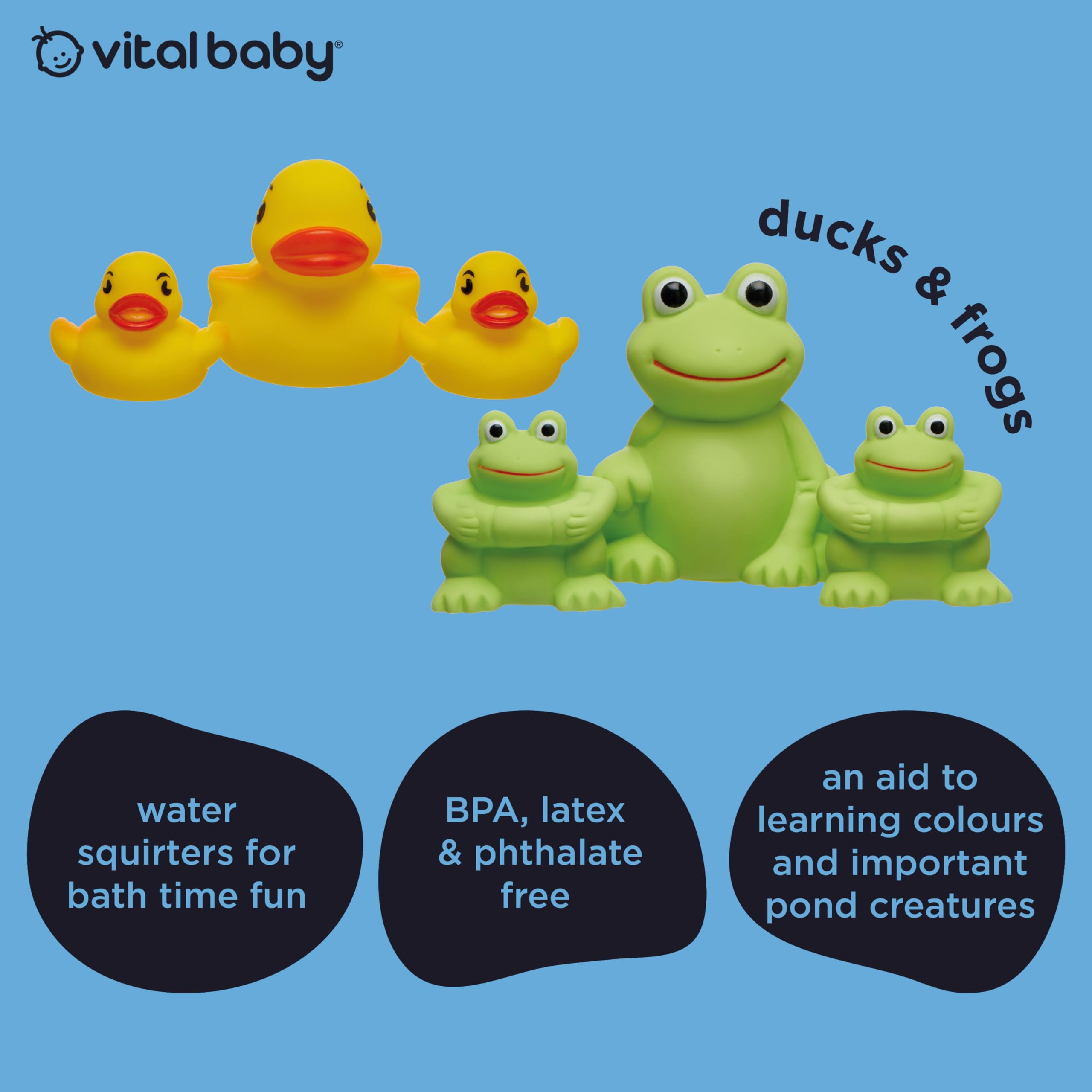 Vital Baby Splash Bath Squirters - 3 Duck & 3 Frog Bath Toys for Imaginative Play 9