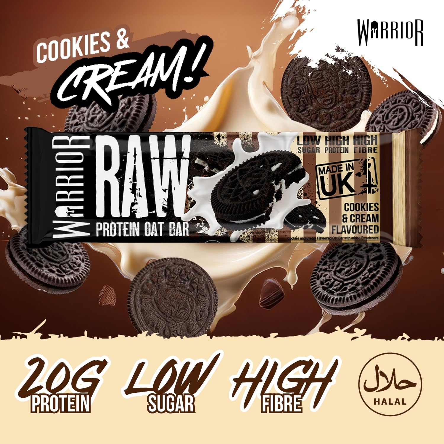 Warrior Raw Protein Bars - 12 x 75g Cookies & Cream High Protein Oat Flapjacks - Low Sugar, High Fibre - UK Made 4