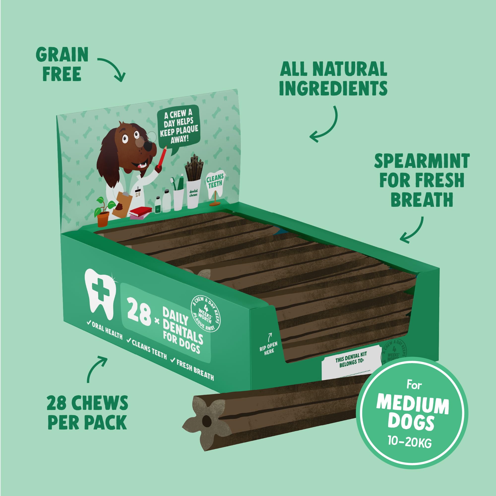 Denzel's Vegan Dog Dental Sticks - Medium Dogs (10-20kg) | Peanut Butter & Peppermint | 28 Pack