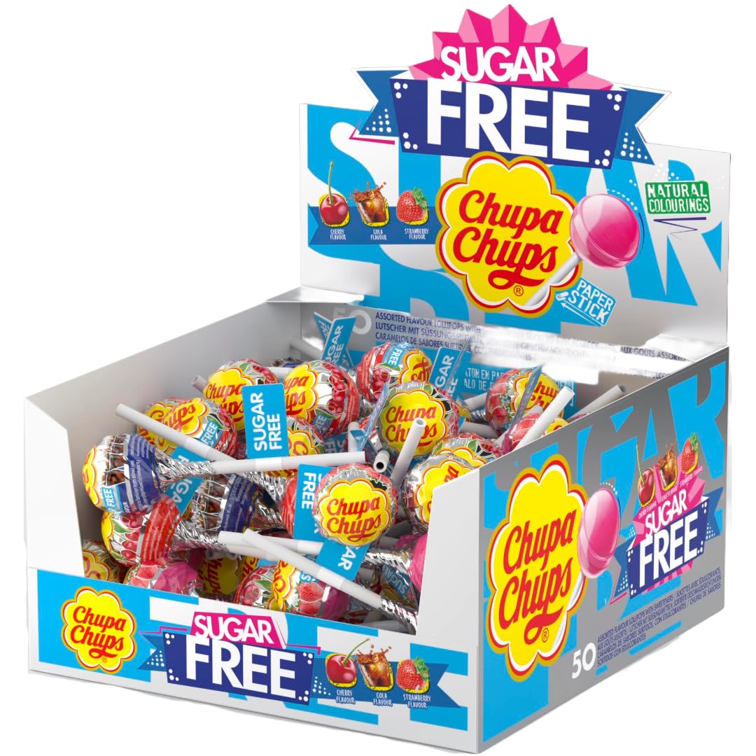 Chupa Chups Sugar-Free Lollipops Assorted Flavors - Cherry, Cola & Strawberry, 50 Count Display Box