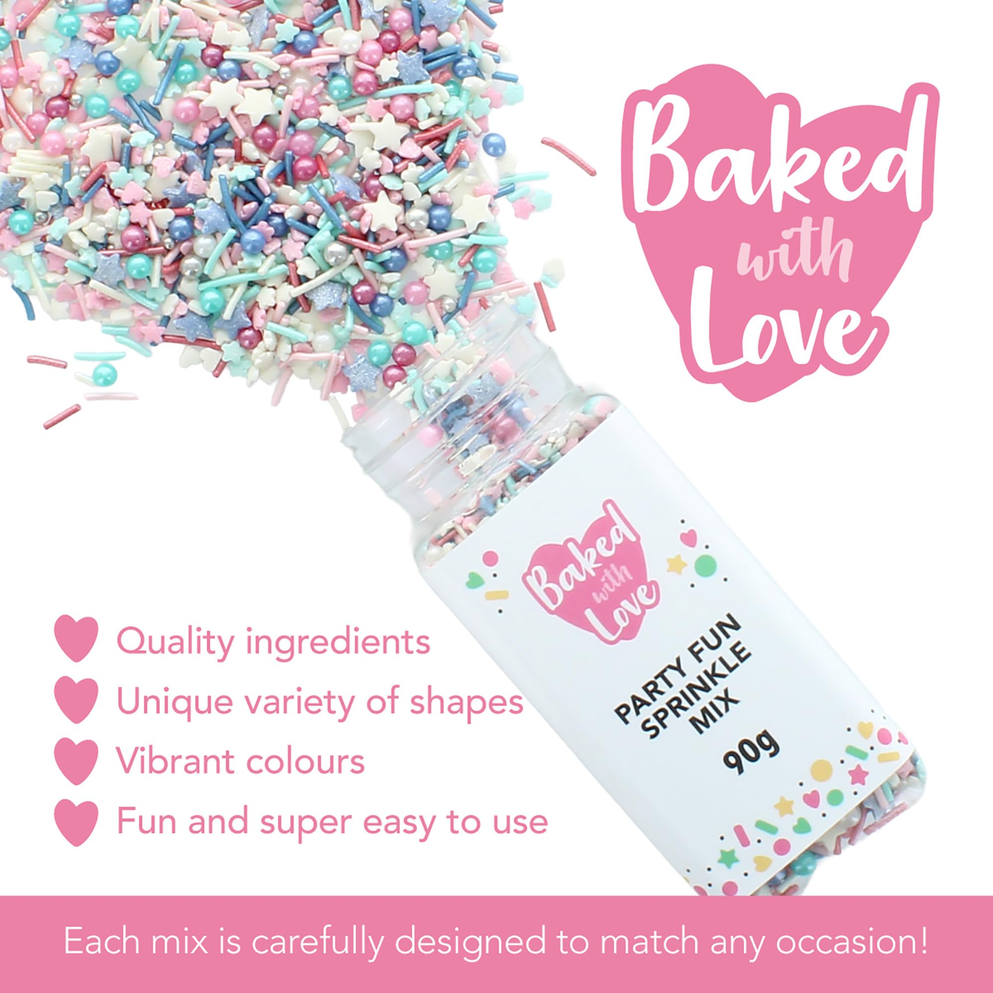 Baked With Love Party Fun Sprinkles - Blue, Pink & White Sugar Mix | 90g Resealable Bottle