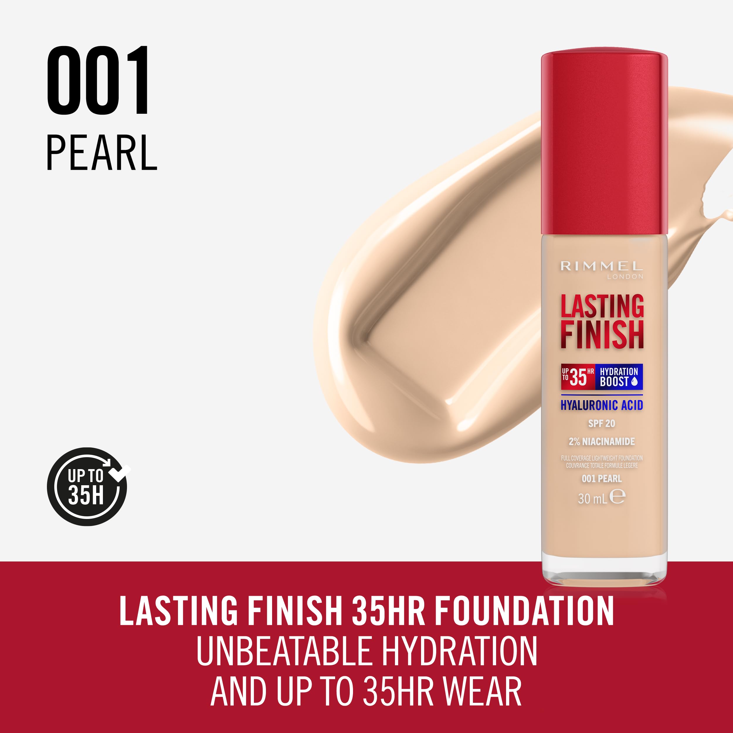 Rimmel - Lasting Finish 35Hr Foundation (001 Pearl), Full Coverage, Hydrating, SPF20, Vegan, Cruelty Free