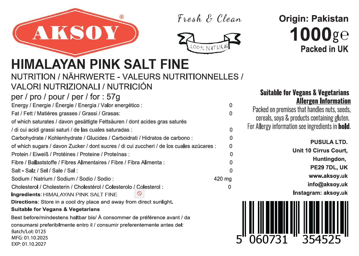 AKSOY Pink Himalayan Salt Fine Grain - 1KG Premium Quality, GMO Free