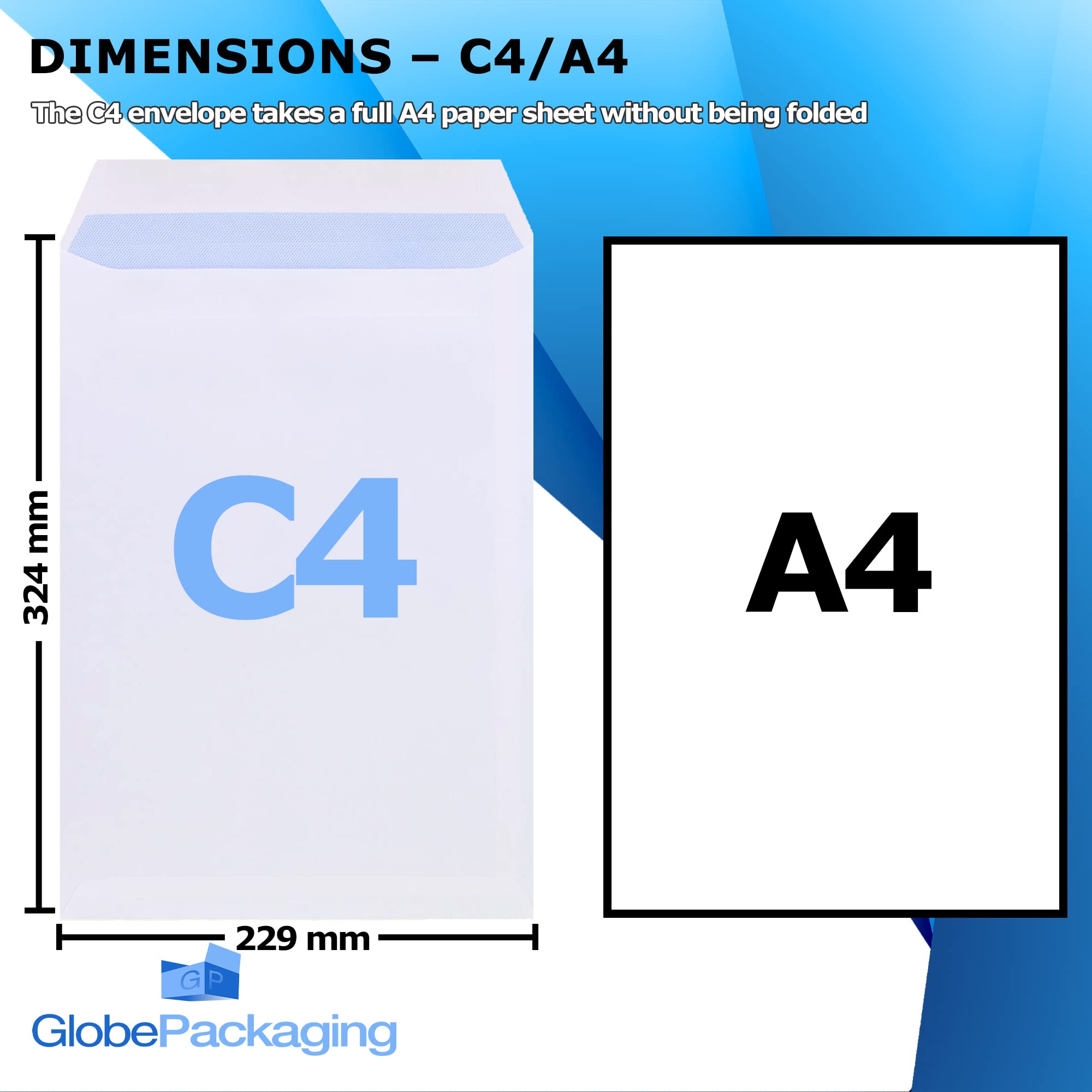 Globe Packaging C4/A4 Plain White Self Seal Envelopes 90gsm, Pack of 50 | Blue Security Tint | Made in the UK