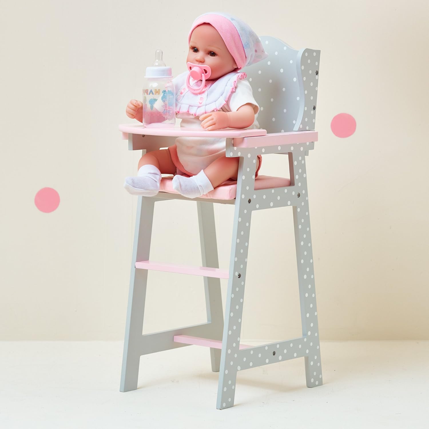 Olivia's Little World Little Princess Pink Polka Dot Wooden Baby Doll High Chair - Doll Furniture for 16-18" Dolls 3