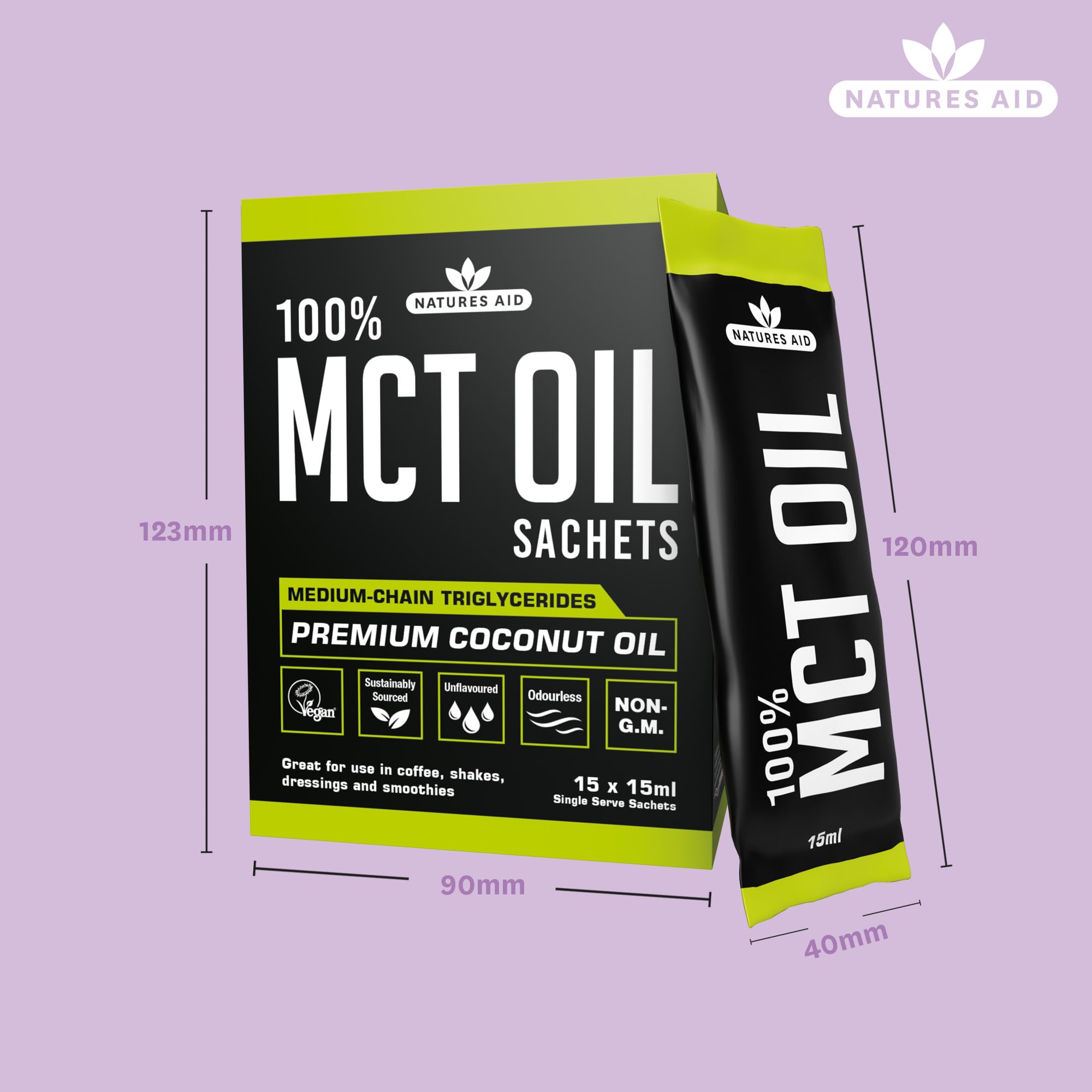 Natures Aid MCT Oil 15 x 15ml Sachets - 100% Pure Coconut Oil for Coffee, Smoothies, Shakes & Dressings - Vegan, Vegetarian, Sustainably Sourced