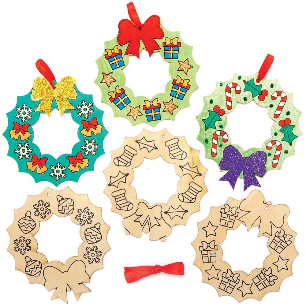 Baker Ross Christmas Wreath Wooden Decorations - Pack of 10, Kids Christmas Craft Kit