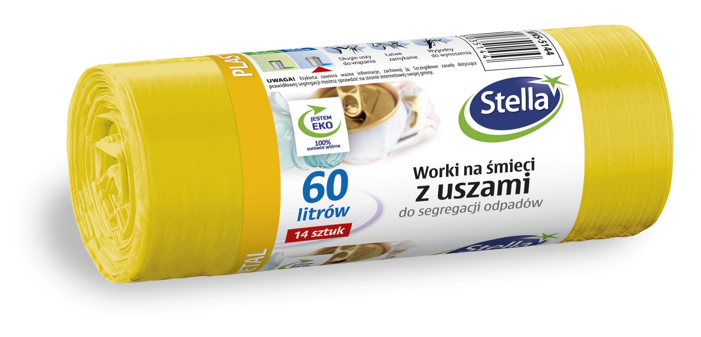 Stella 035144 Yellow Bin Liners with Handles for Metal and Plastic Waste Separation - 14 Pack