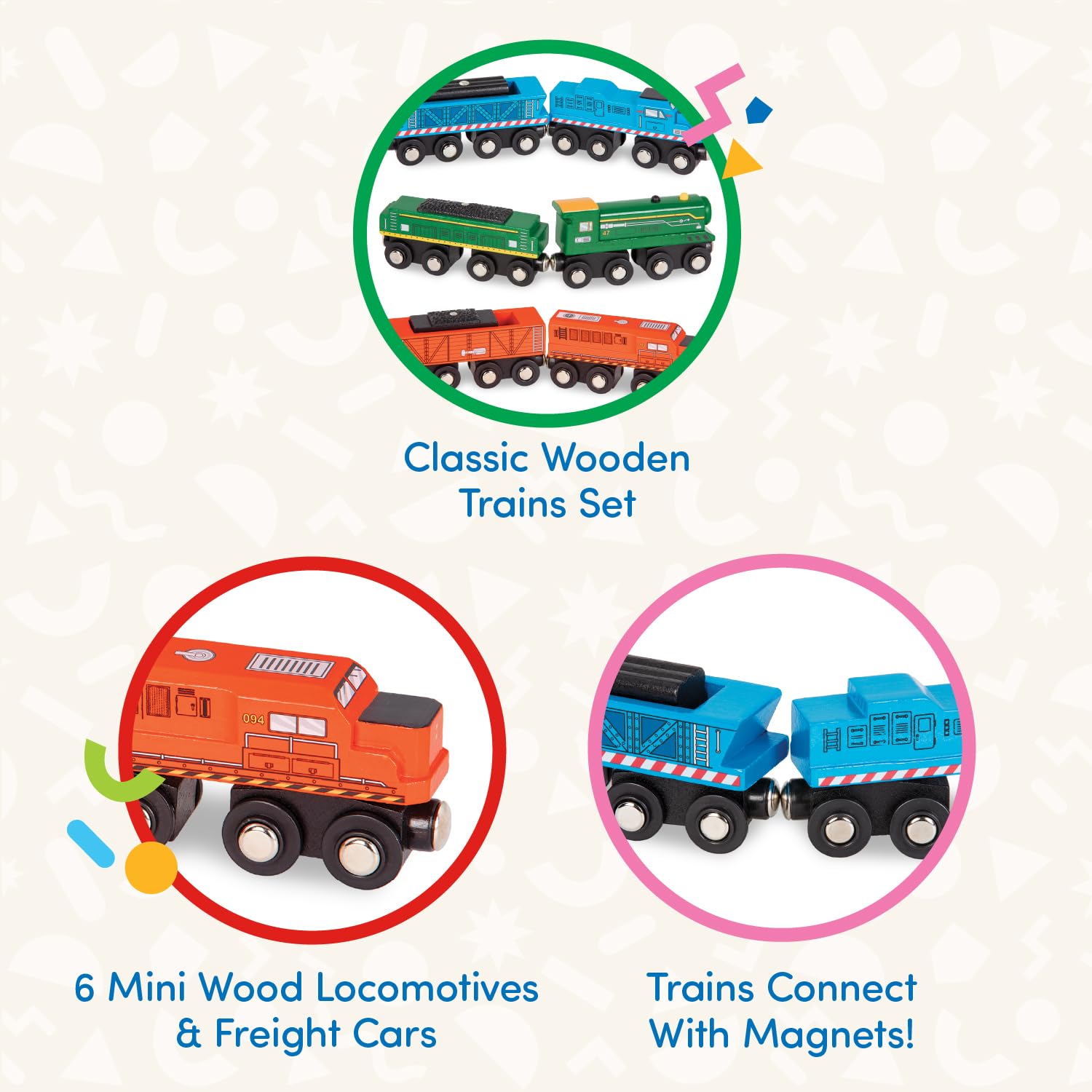 Battat Wooden Magnetic Train Set - 6-Piece Locomotive & Freight Car Playset for Ages 3+ 3