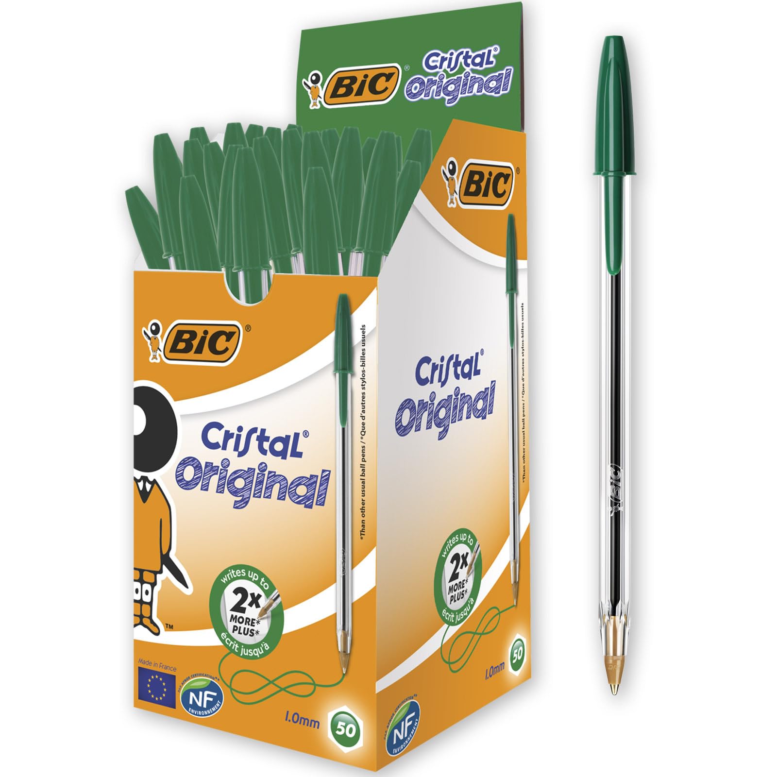 BIC Cristal Original Ballpoint Pens - Medium Point 1.0mm, Green Ink | Box of 50 | Smudge-Free