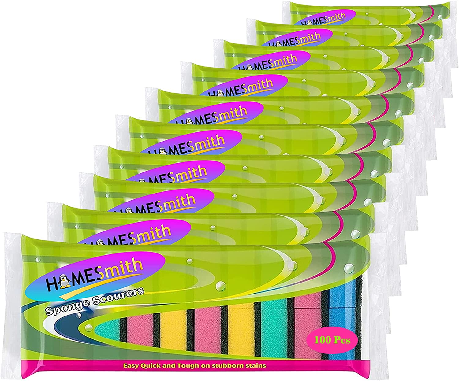 HOMESmith - 100 Pack Colorful High-Density Dual-Sided Reusable Cleaning Sponges