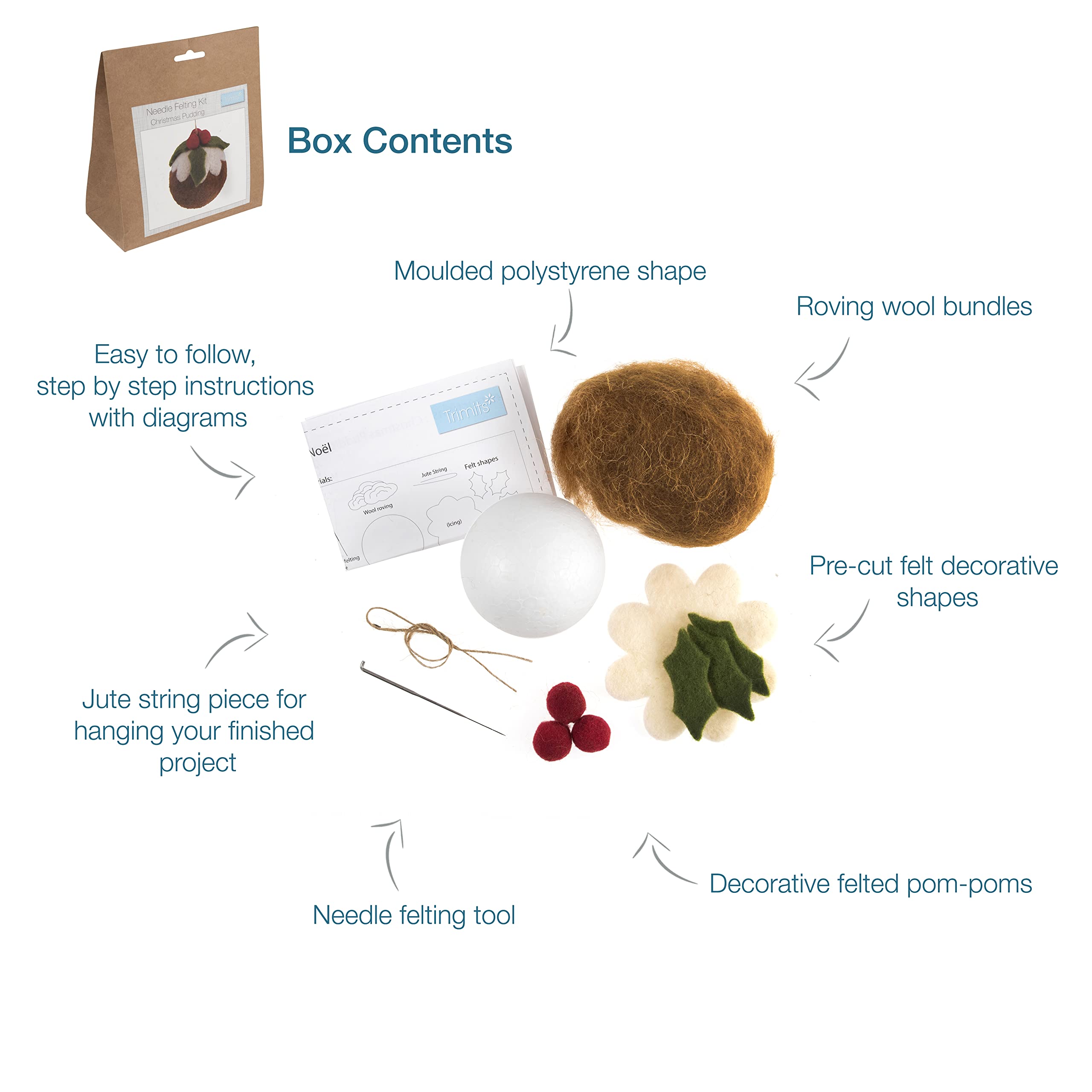 Trimits Christmas Pudding Needle Felting Craft Kit - Beginner-Friendly DIY Ornament Set
