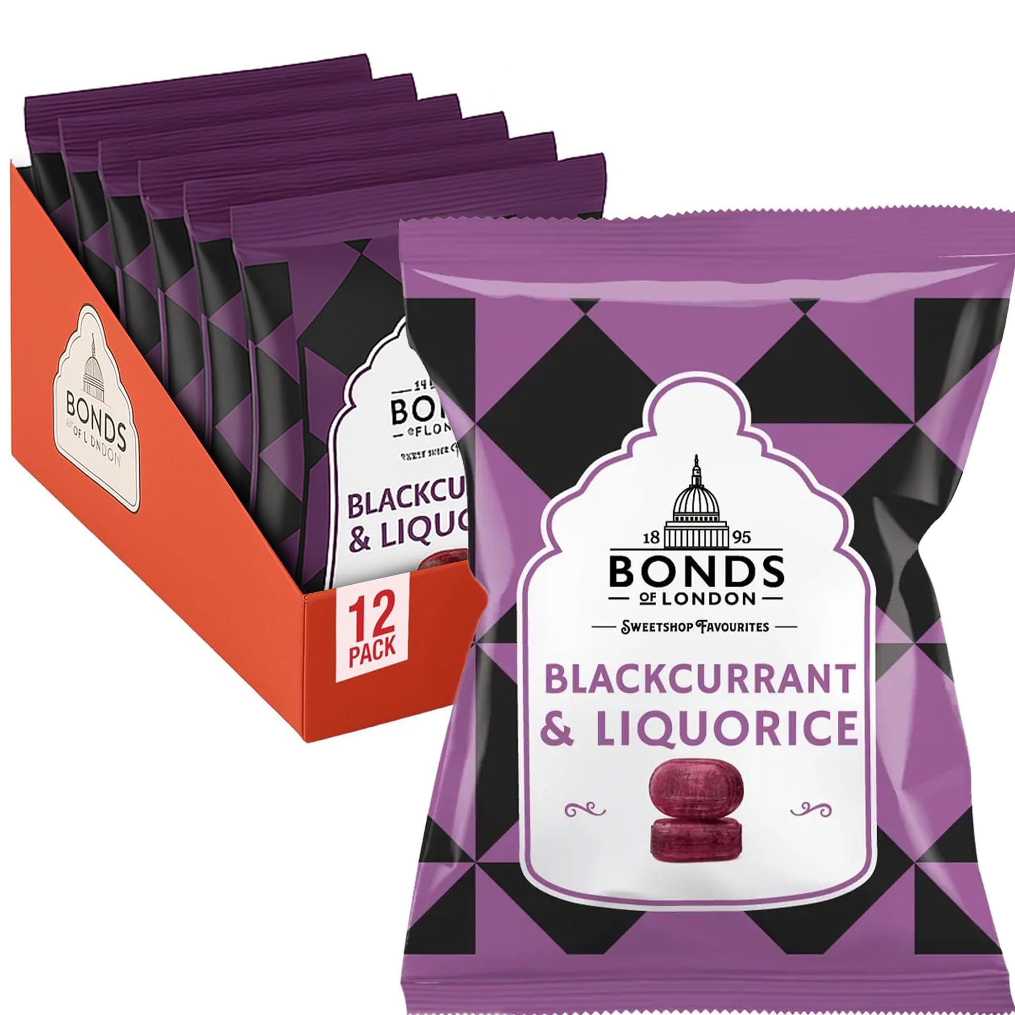 Bonds of London Blackcurrant & Liquorice Bags - Retro Vegetarian Boiled Sweets | 12 x 120g Multipack