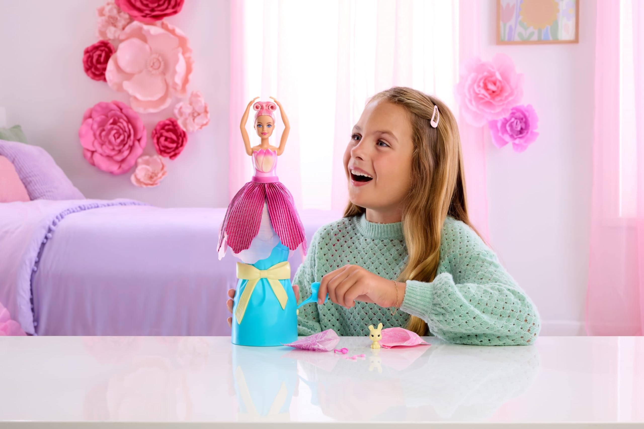Barbie Petal Pop Scented Doll with Pink Tulip Dress & Accessories, Model JMF57 | Ages 3+