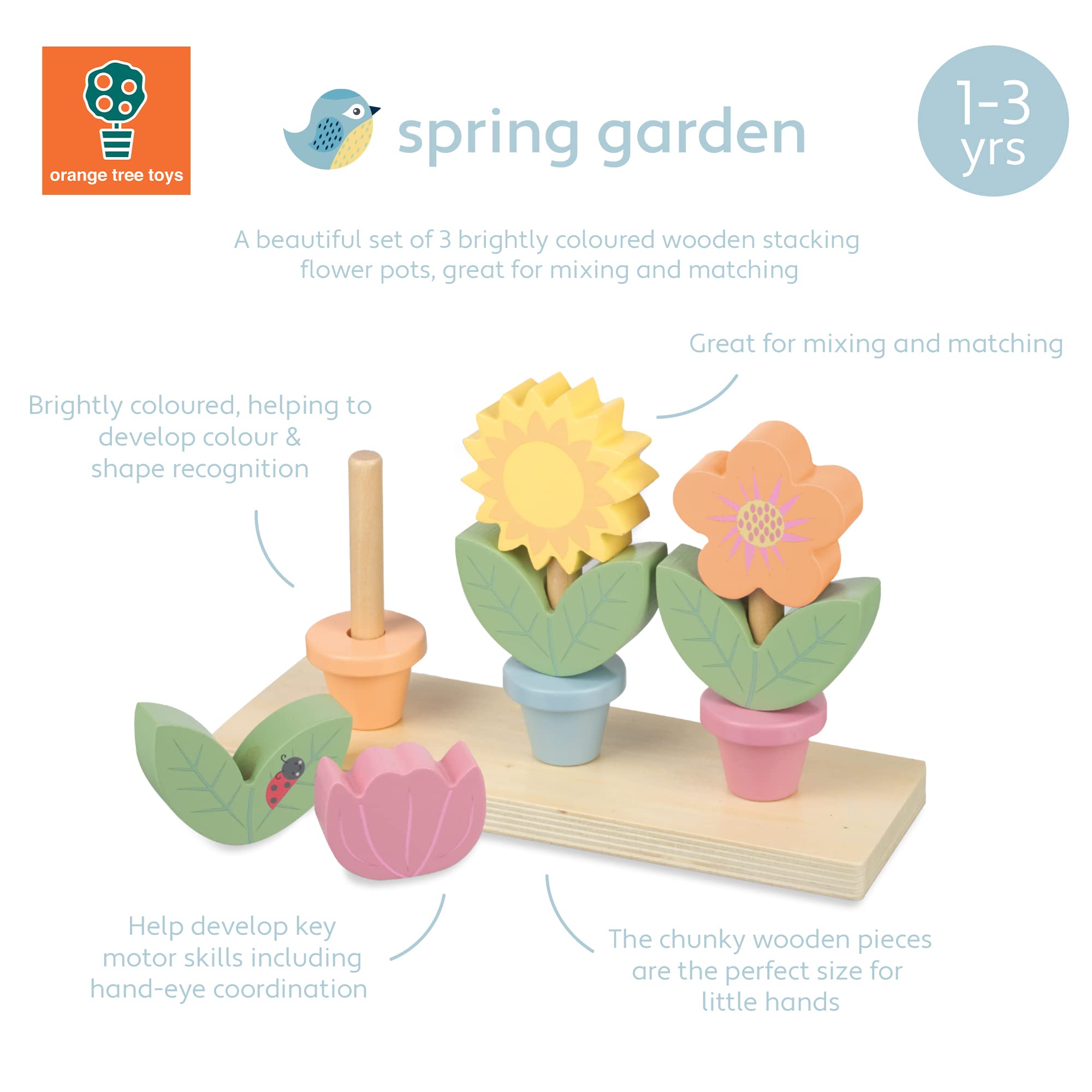 Orange Tree Toys Wooden Flower Pots - Garden Building Stacking Cups for 18 Months+ 4