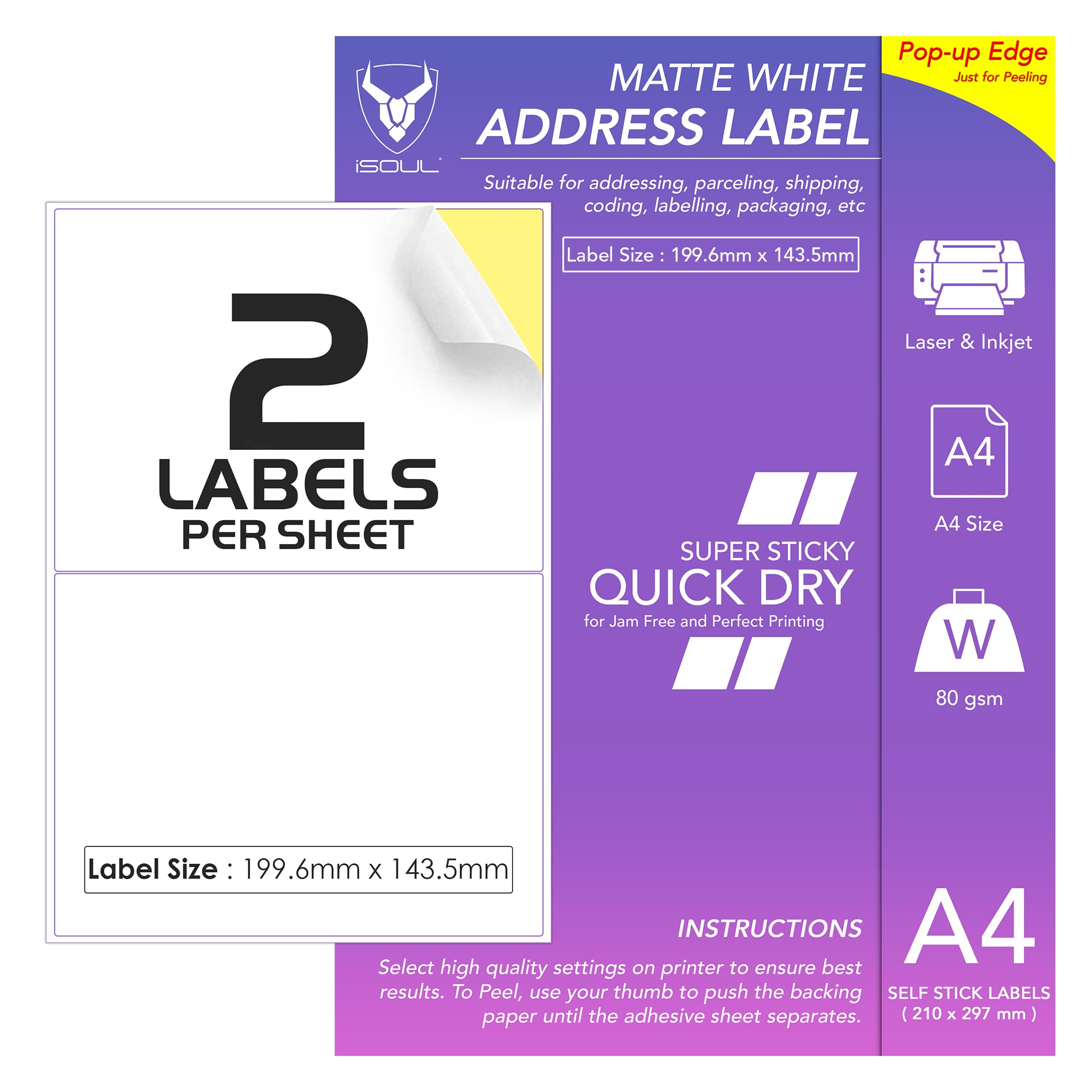 iSOUL Printable Printer Labels - 100 Labels on 50 A4 Sheets, Matte White, Inkjet & Laser Compatible 1