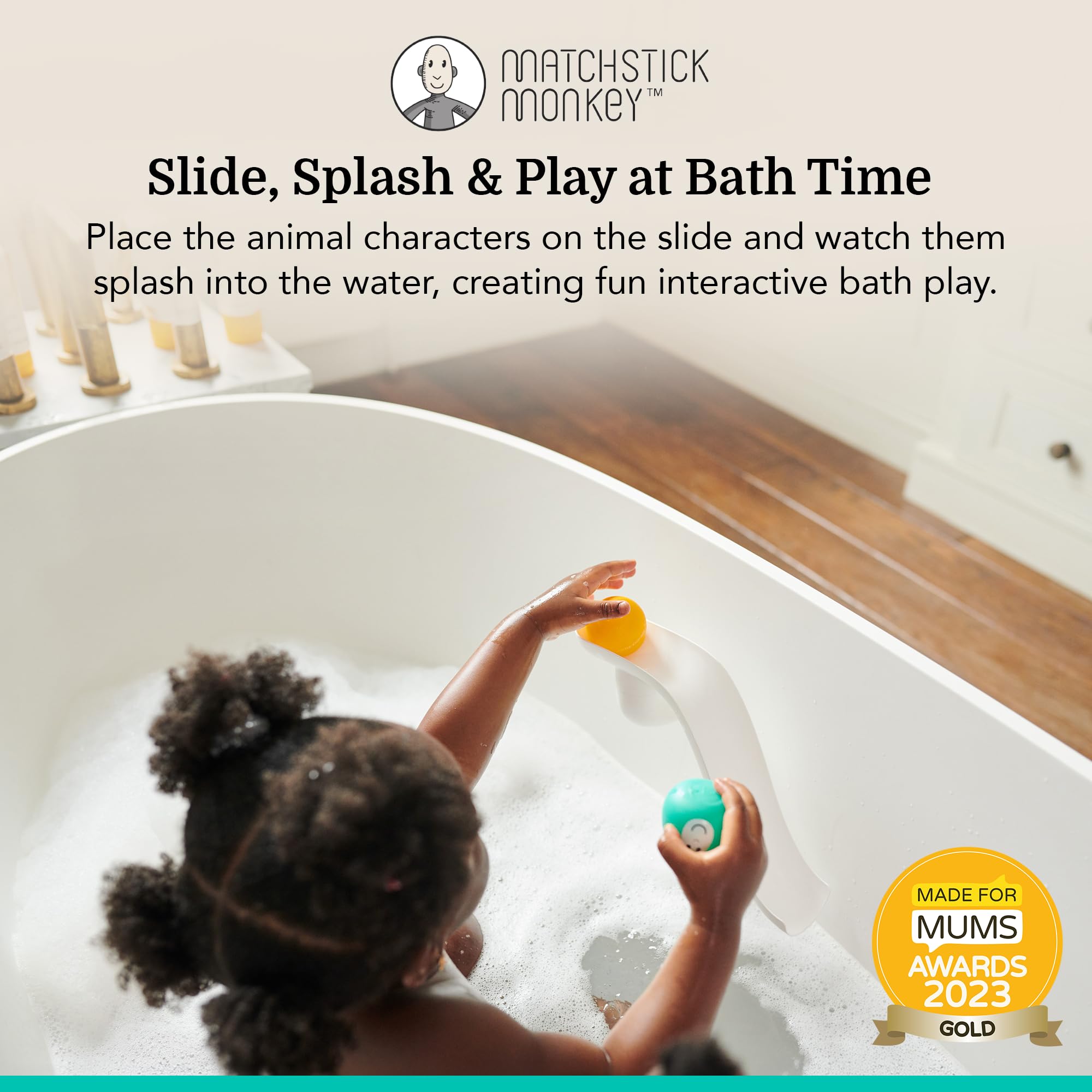 Matchstick Monkey Bathtime Slide Set - Antimicrobial Baby Bath Toy | Ages 12 Months+ | White