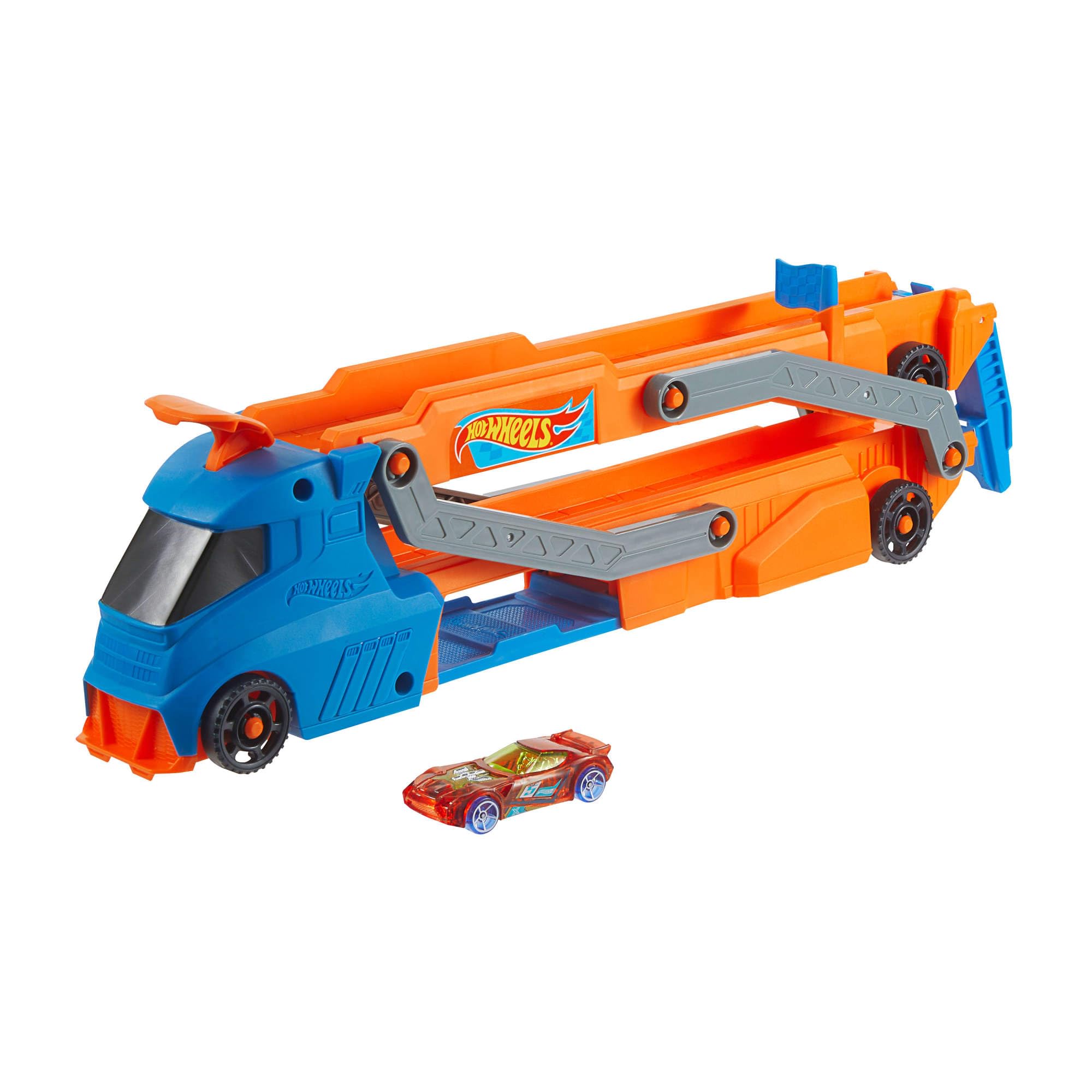 Hot Wheels Speed Track Transporter Playset - Orange City Speed Vehicle with 1:64 Scale Car & 2.5-Foot Track for Kids