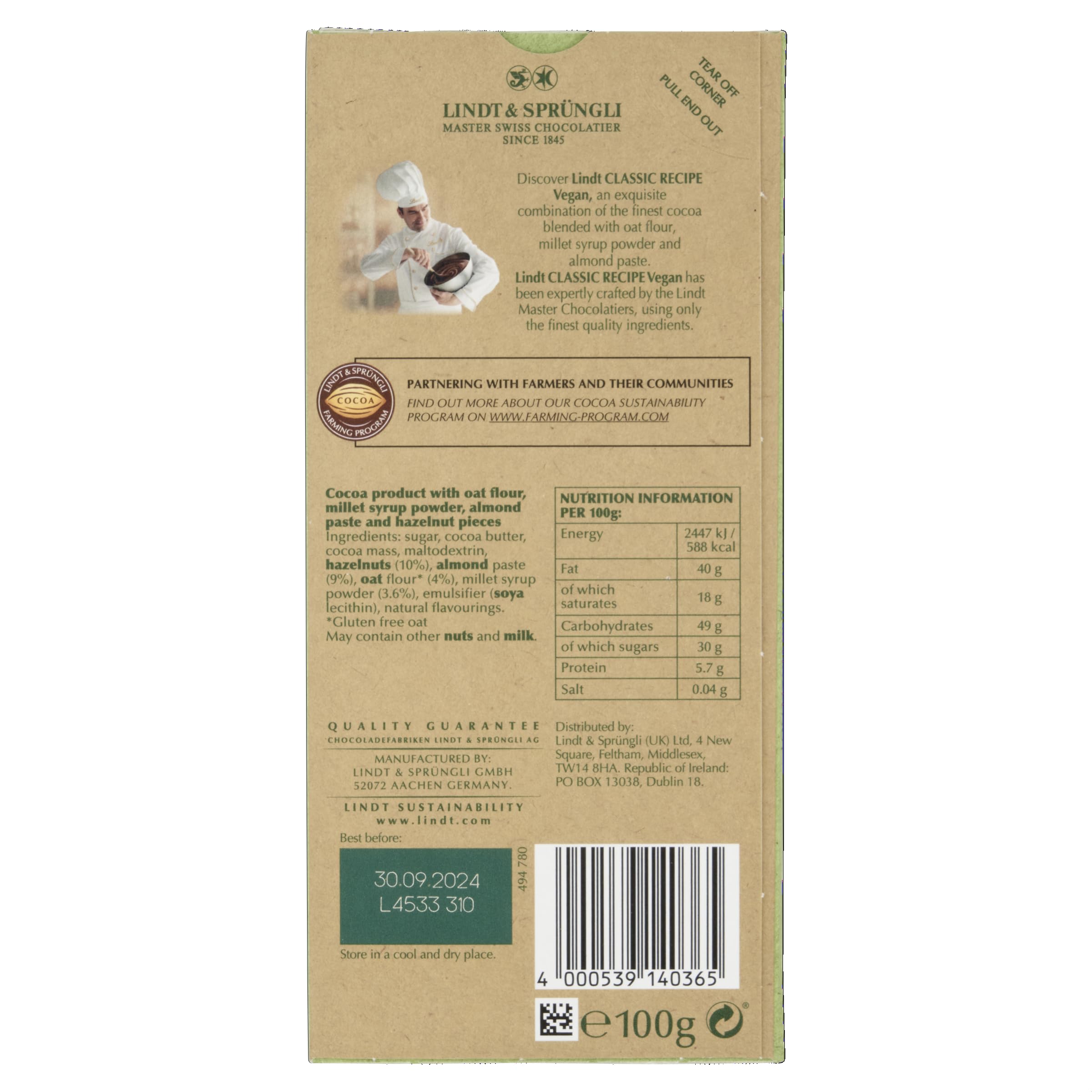 Lindt Vegane Tafelschokolade mit Haselnuss-, Mandel- und Haferdrinkpulver, 100g 7