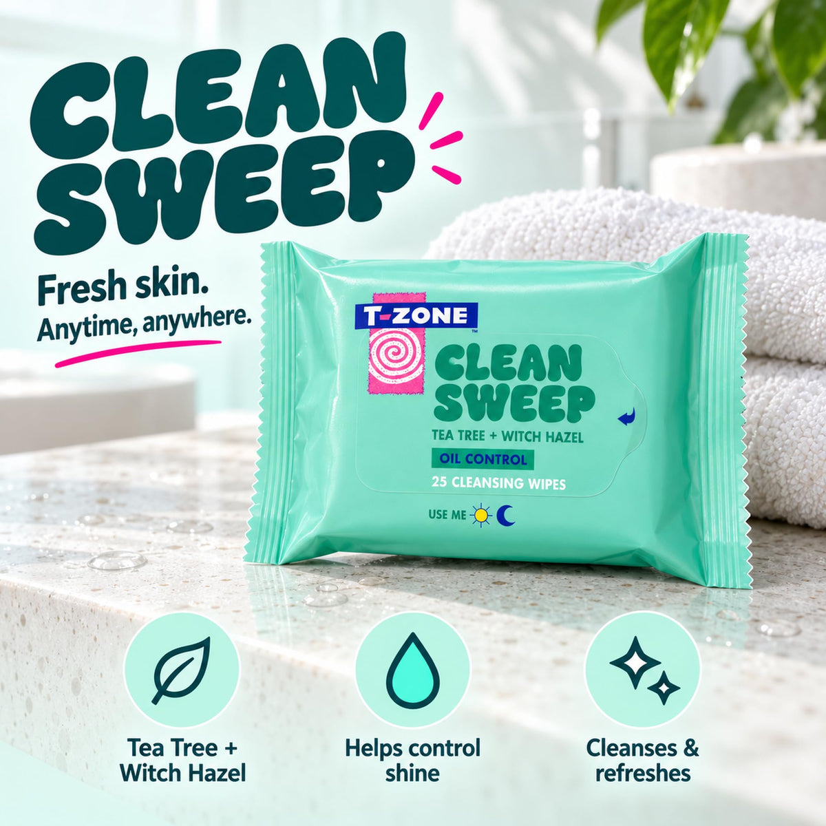 T-Zone Tea Tree & Witch Hazel Biodegradable Cleansing Wipes - Pack of 25 | Makeup Removal | Exfoliating 3