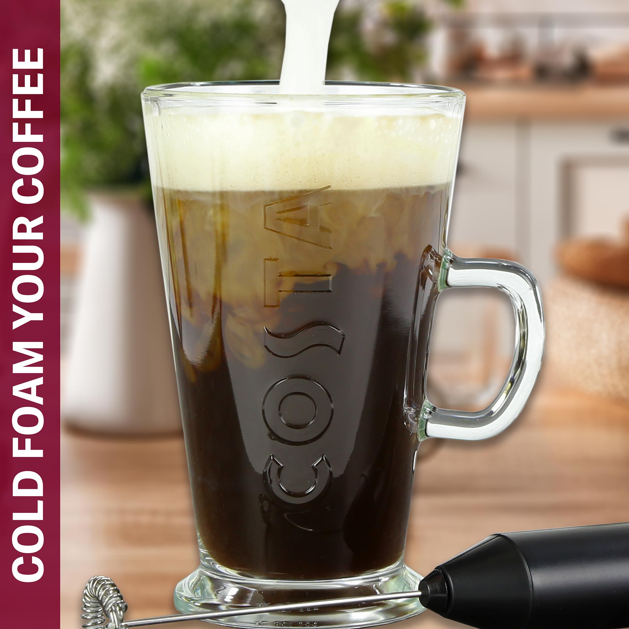 Kimm & Miller Costa Coffee Luxury Gift Set with Latte Glass & Battery-Powered Milk Frother 3