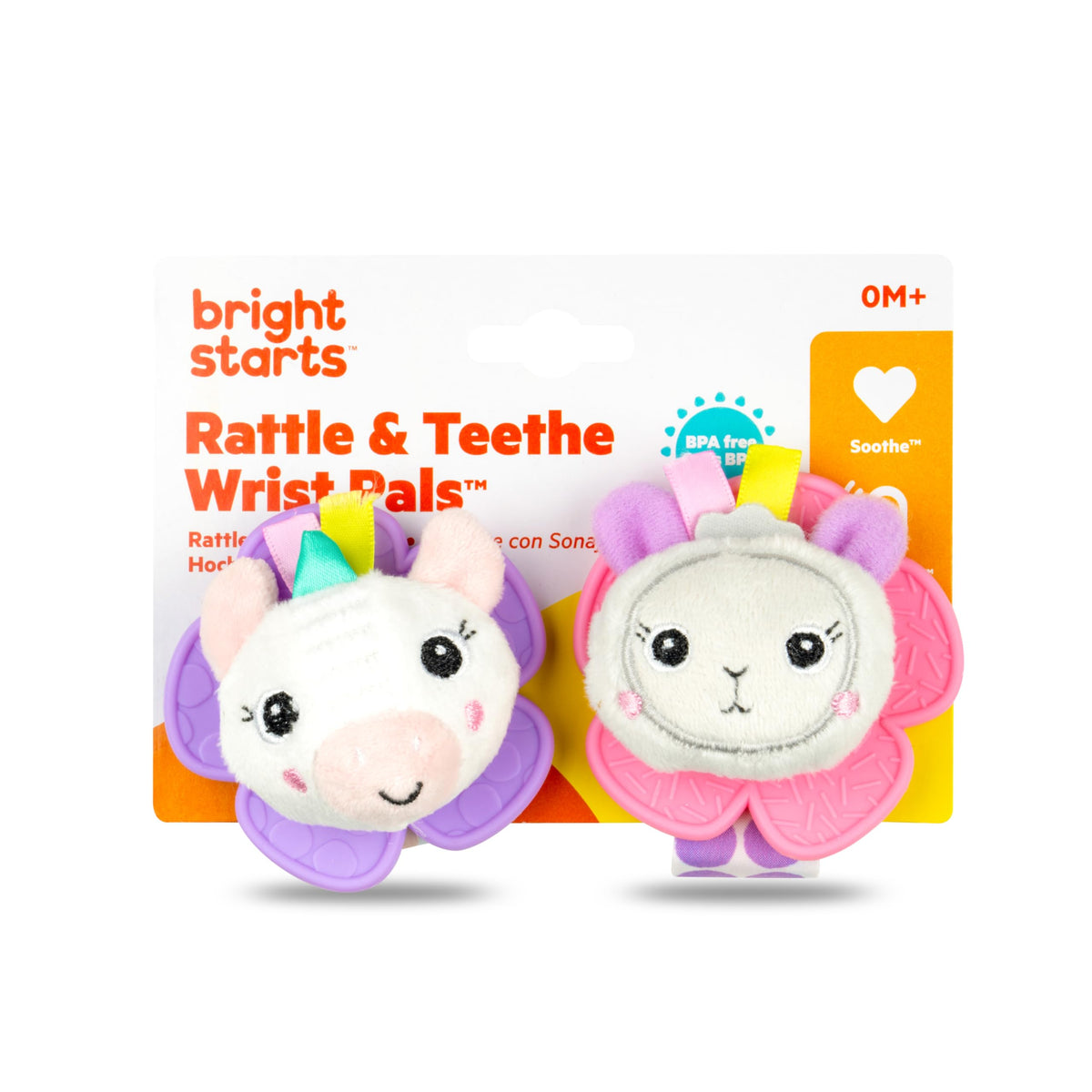 Bright Starts Rattle & Teethe Wrist Pals Toy - Set of Two Unicorn & Llama, Unisex Baby