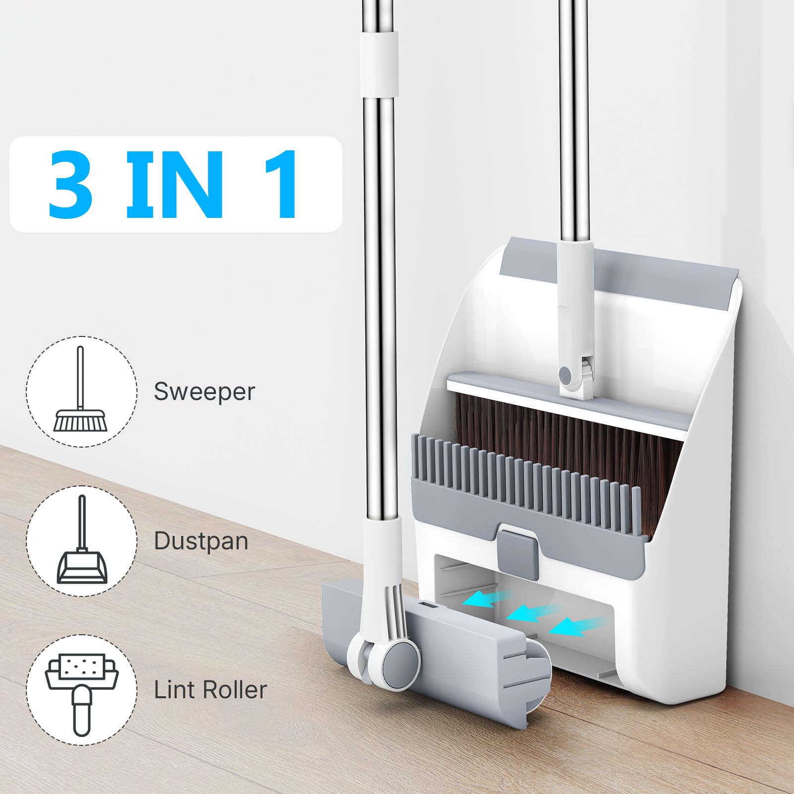 Euqvunn - Dustpan and Brush Sets Long Handled 3-in-1 with Lint Roller 4