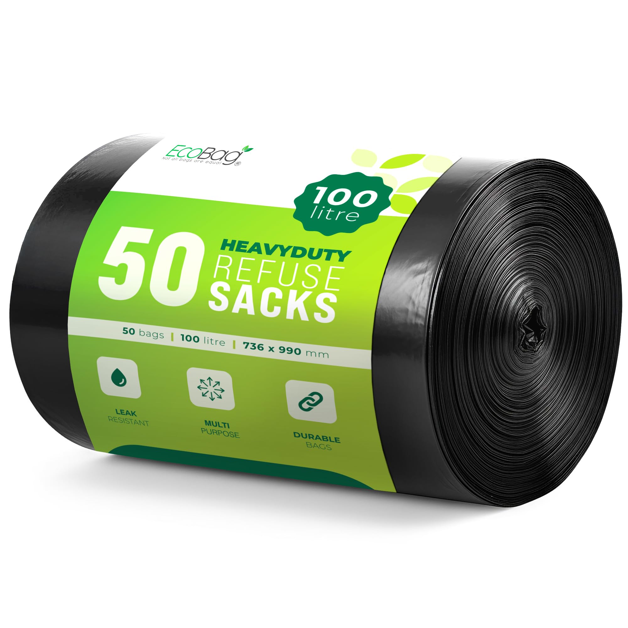 EcoBag Heavy Duty Refuse Sacks - 100L Capacity, 33μm Strength, 50 Pack | Recyclable