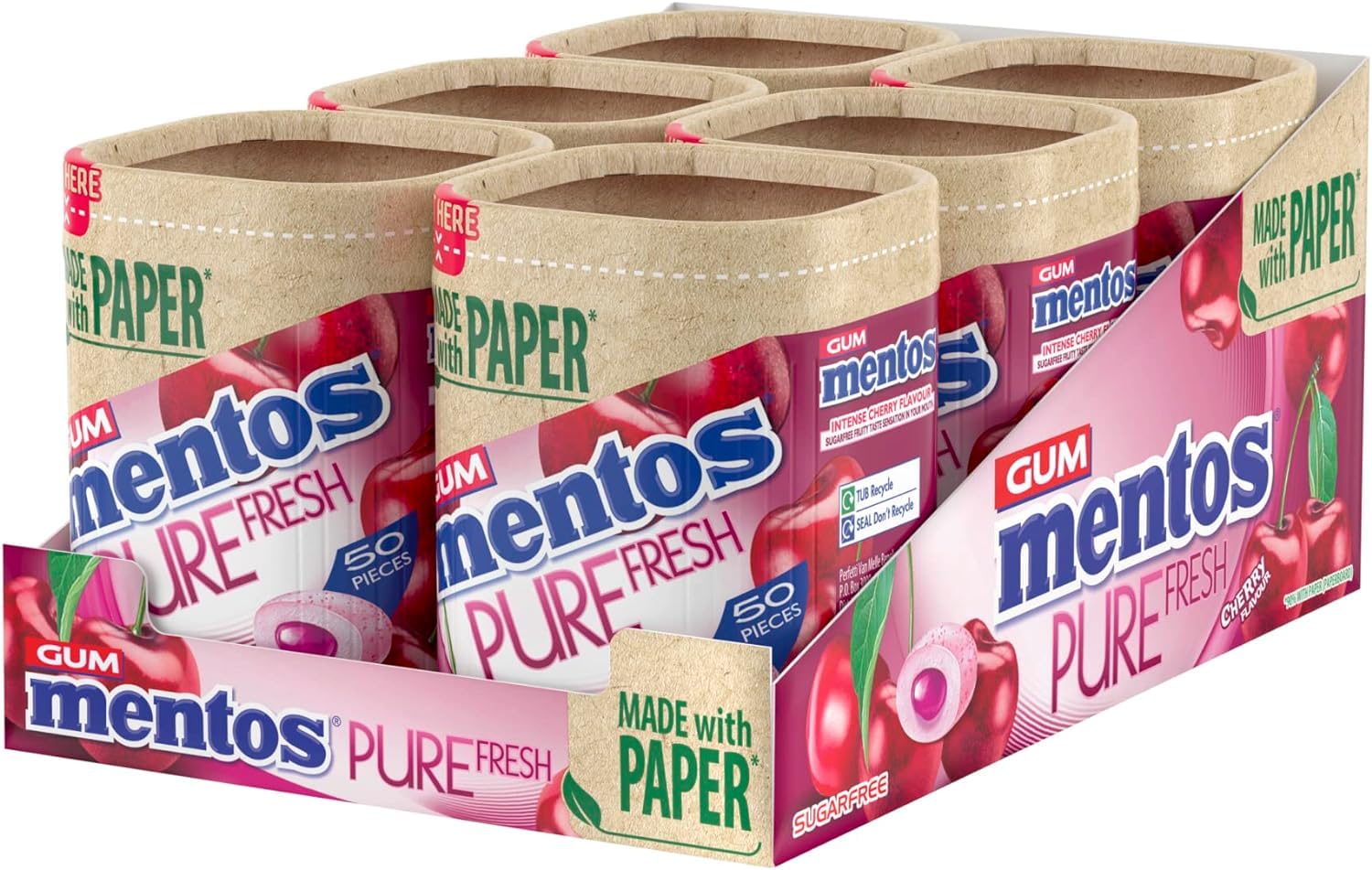MENTOS Pure Fresh Sugar Free Chewing Gum - Cherry Flavor | 50 count (Pack of 6)