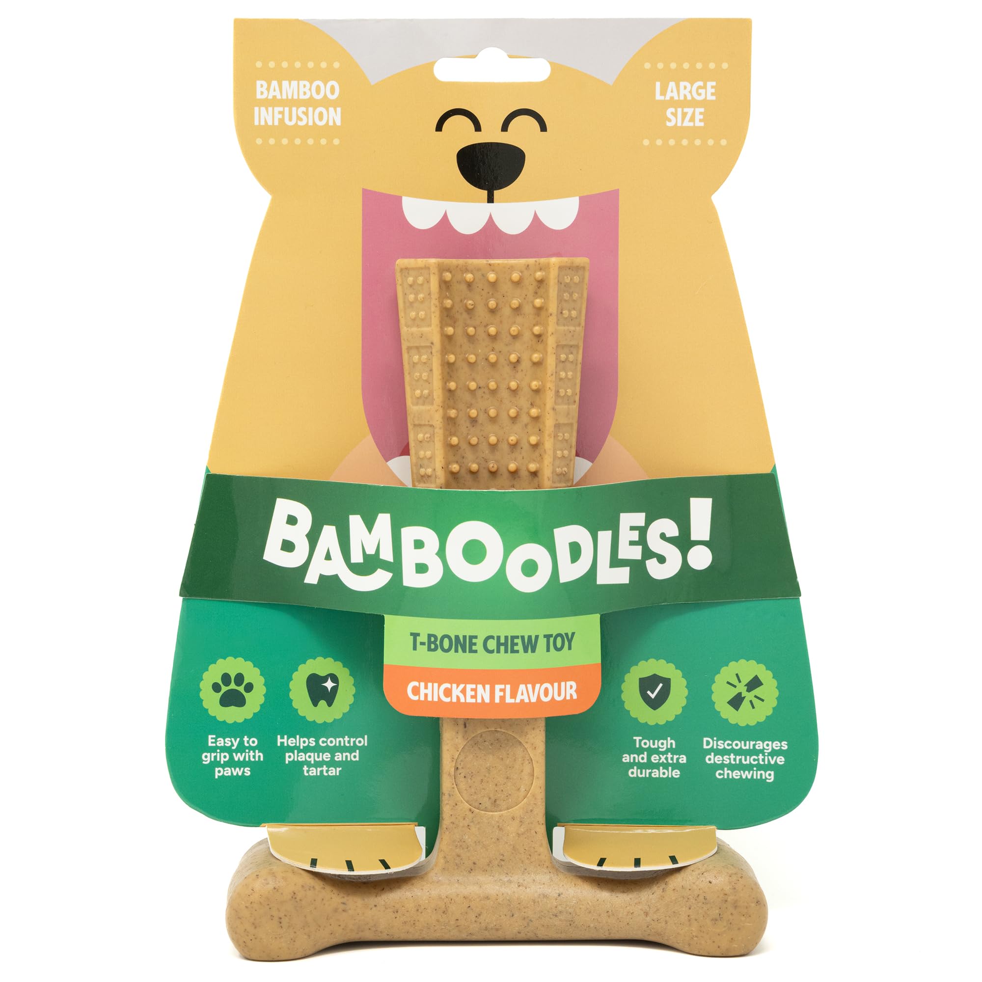 Bamboodles T-Bone Dog Chew Toy - Large Size | Chicken Flavour | Durable Nylon Bamboo