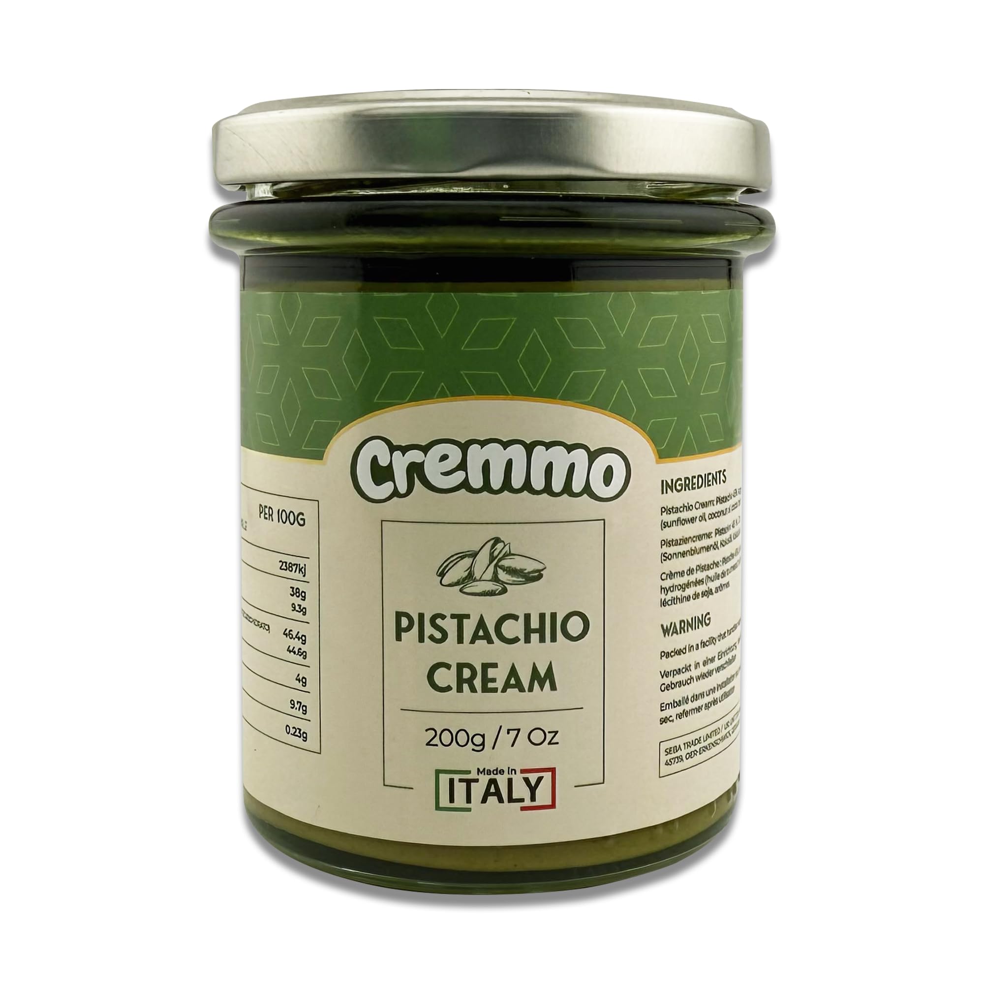 Cremmo Pistachio Cream Spread 200g Glass Jar - 45% Pistachio Content, Smooth & Fluid Italian Spread