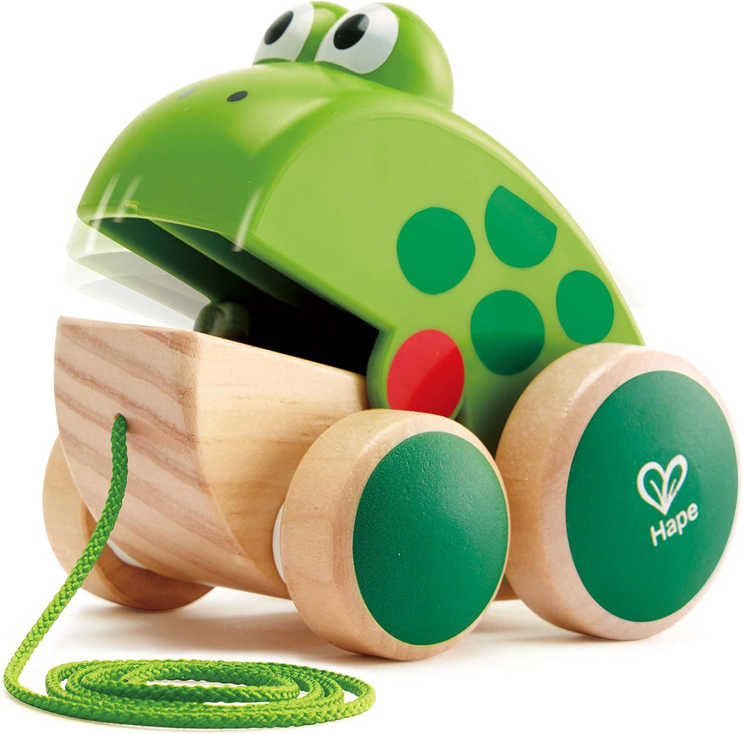 Hape - Frog Pull Along Wooden Fly-Eating Toddler Toy, Multicoloured