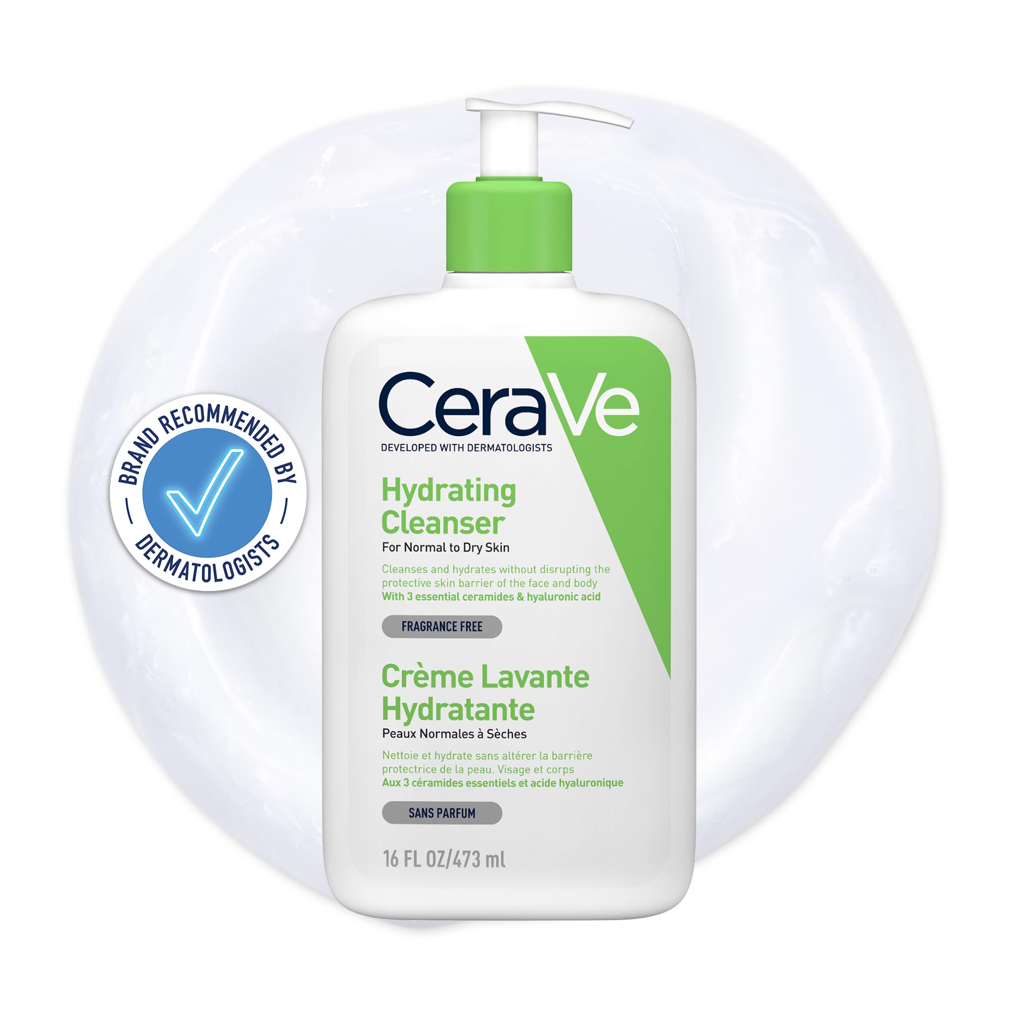 CeraVe Hydrating Cleanser for Face & Body (473 ml) - Fragrance-Free, Non-Foaming Gel with Ceramides & Hyaluronic Acid