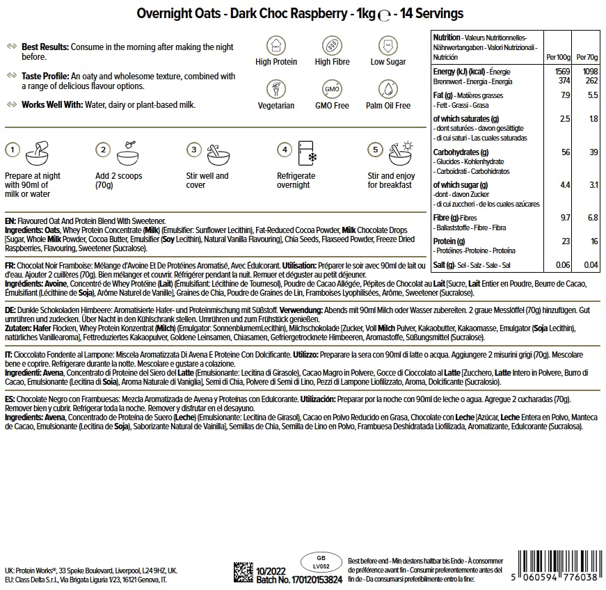 Protein Works Overnight Oats - Dark Choc Raspberry High Protein Breakfast, Low Sugar, Low GI, with Chia & Flax Seeds, 1 Kg 8
