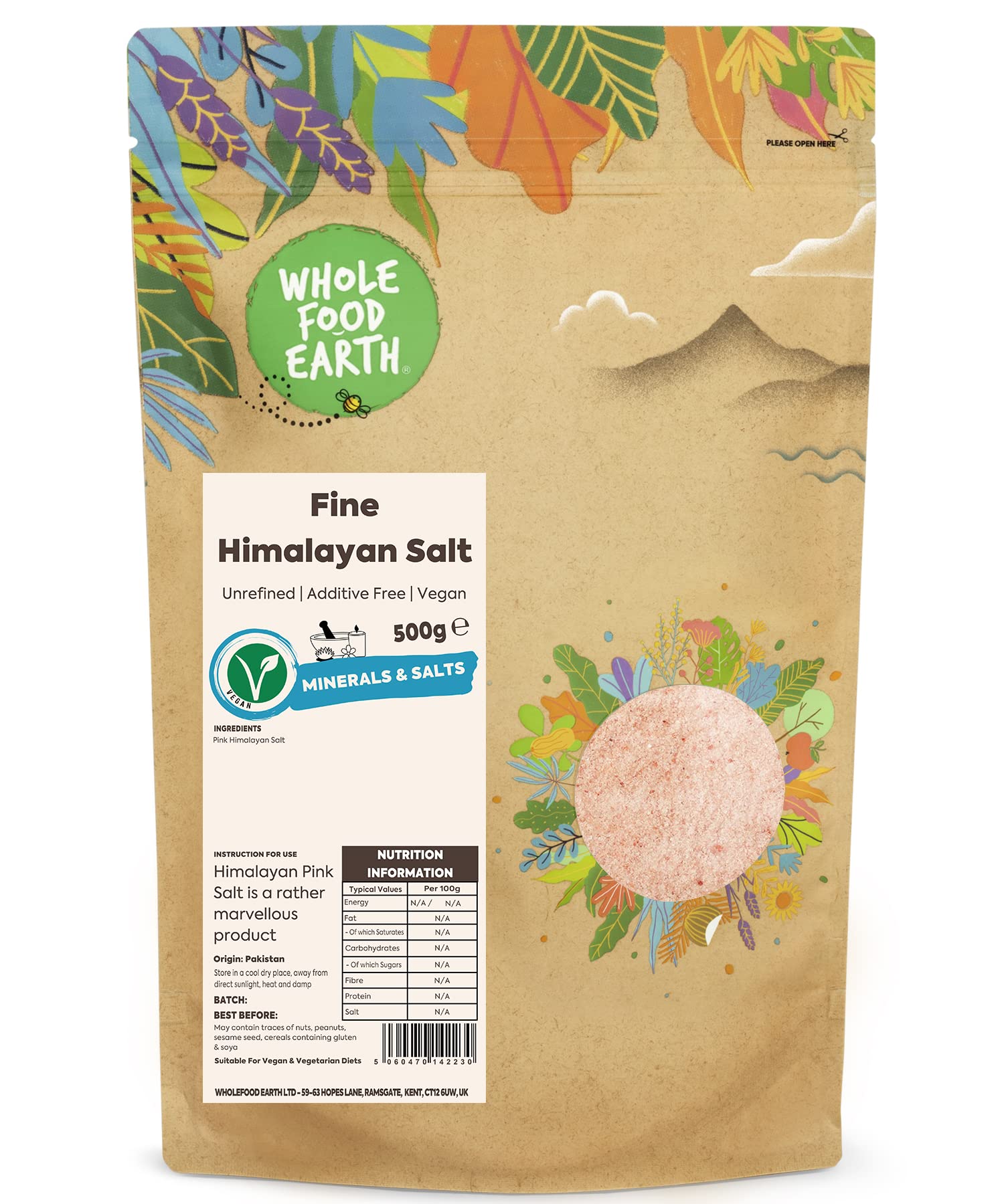 Wholefood Earth Fine Himalayan Pink Salt - 500g | Mineral Rich | GMO-Free
