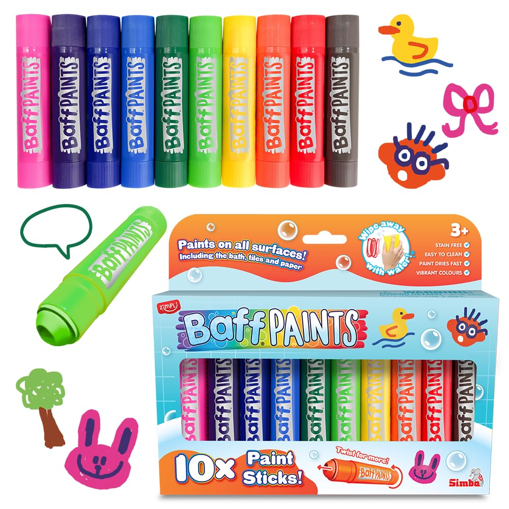 ZIMPLI 10 Count Large Baff Paint Sticks - Stain Free Bath Crayons for Kids | Water Repellent | Multicolor