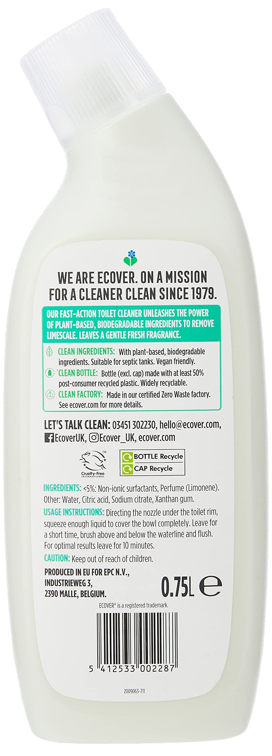 Ecover Toilet Cleaner - Pine & Mint Scent, Liquid Formula, 750ml