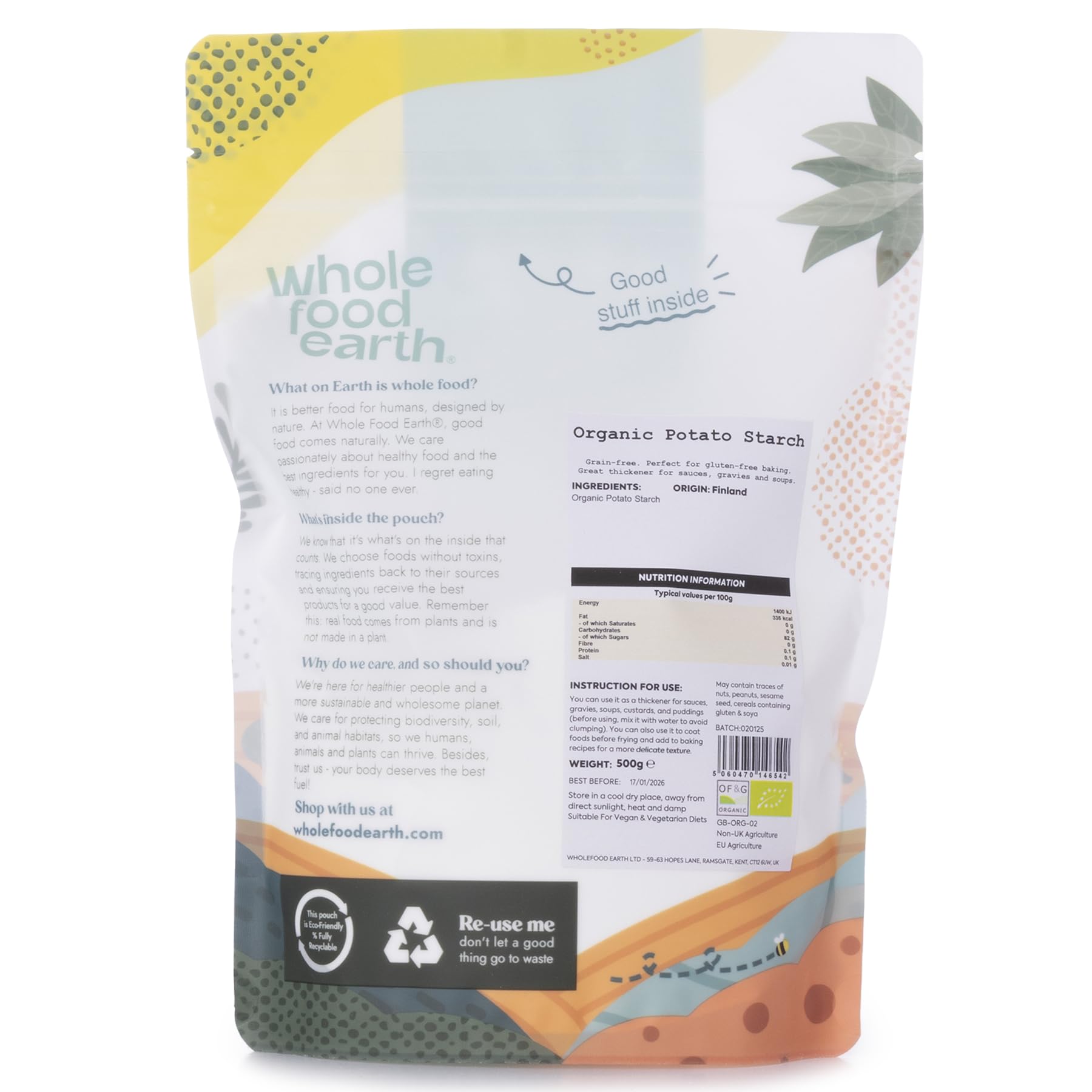 Wholefood Earth Organic Potato Starch - Natural Thickener & Stabiliser | 500g | Vegan, GMO Free