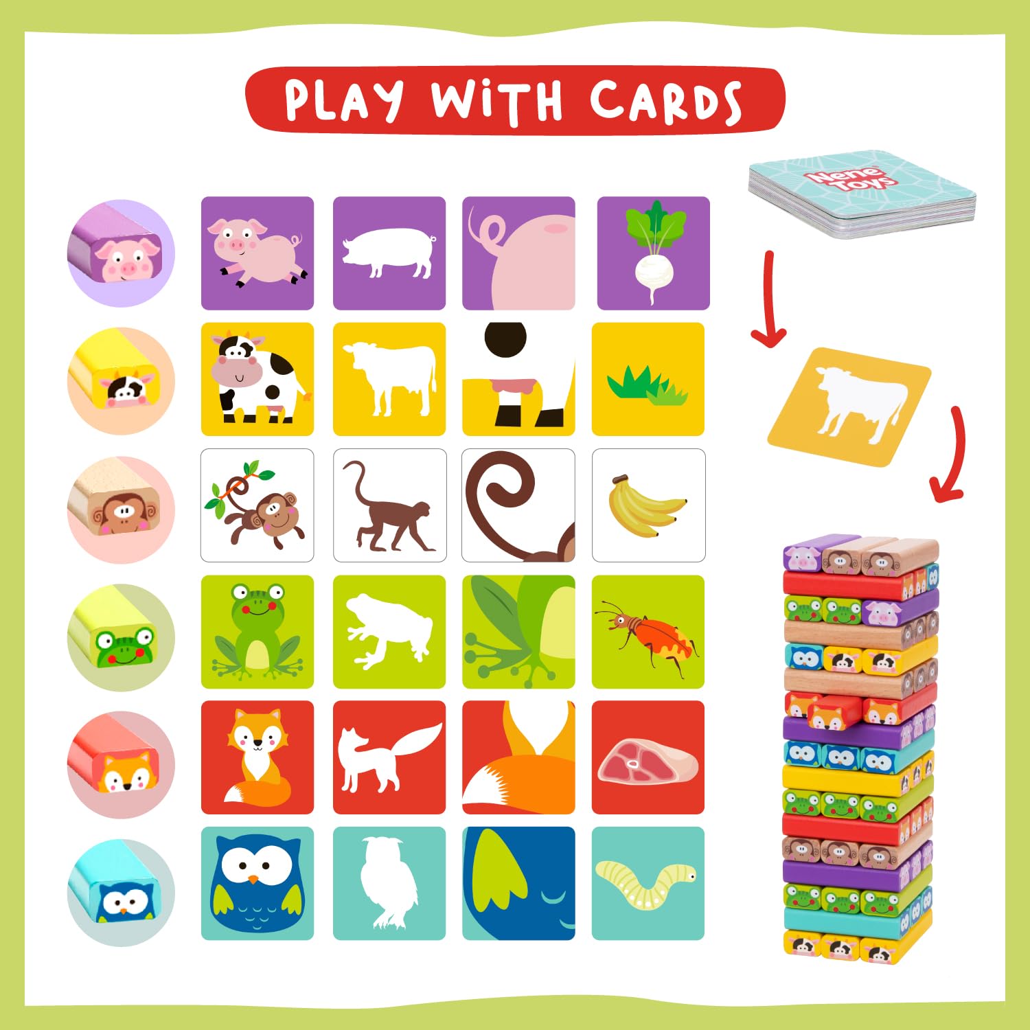 Nene Toys 4-in-1 Wooden Tumble Tower Game with Animals & Colors - Family Board Game